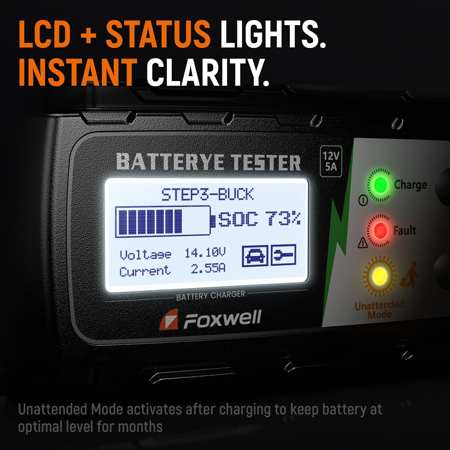 FOXWELL BC521 2-in-1 Battery Charger & Tester, Test Before Charging 12V 5A