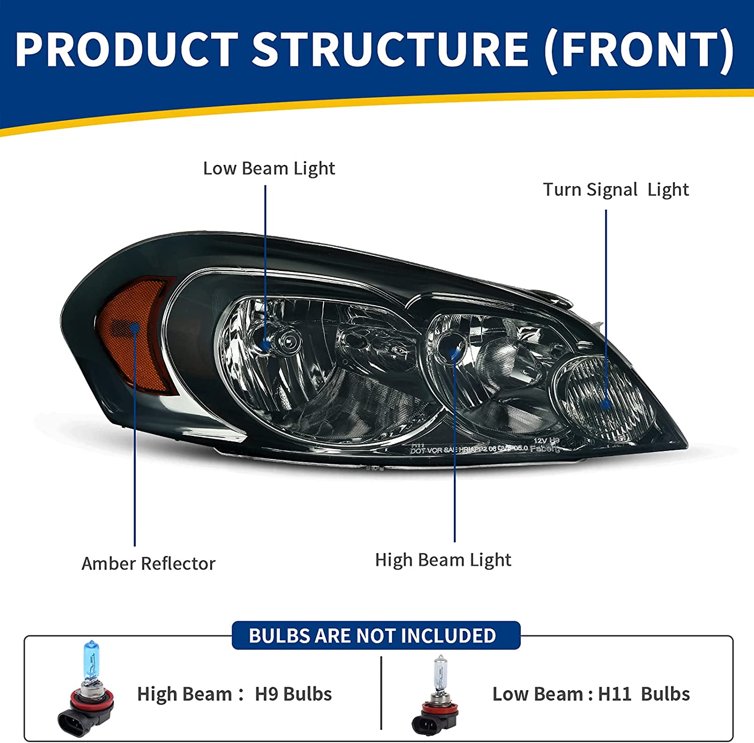 NTXGlow Autosaver88 headlight assembly for 2006-2013 Chevy Impala and Monte Carlo with chrome housing, amber reflector, and clear lens