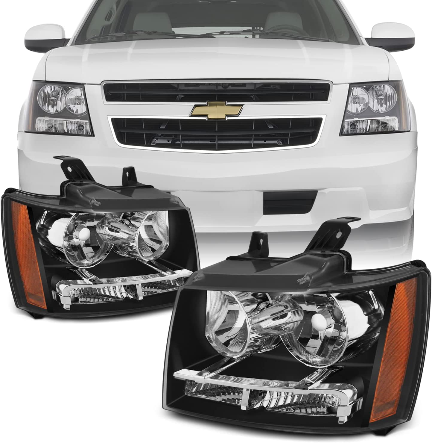 NTXGlow Akkon For 0713 Suburban Tahoe Avalanche chrome clear headlights, right and left direct replacement for enhanced vehicle lighting.