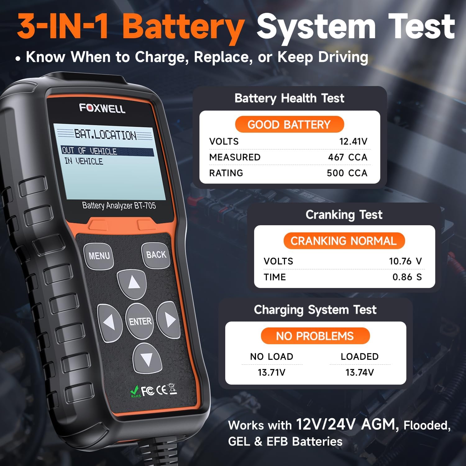 FOXWELL BT705 Car Battery Tester 24V 12V, Alternator and Load Tester