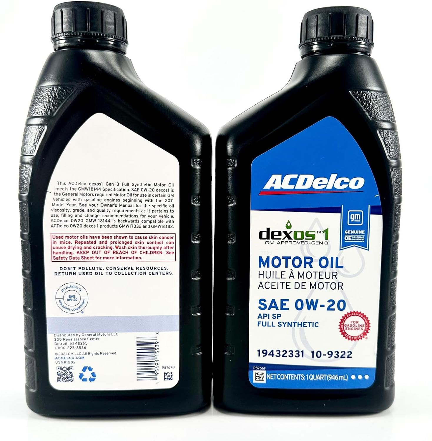ACDelco 10-9322 19432331 dexos1 GEN 3 Full Synthetic 0W-20 Motor Oil - For 5.3L L82/L84 & 6.2L L87 | Case of 6 Quarts