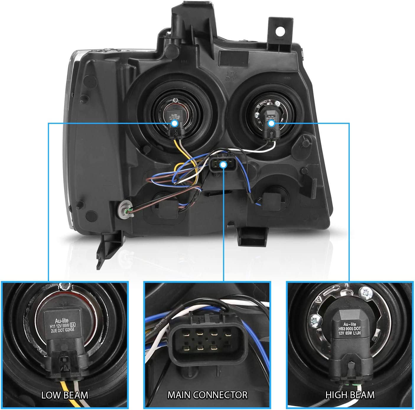 Pair of NTXGlow Amerilite factory style replacement headlights for Chevy Tahoe, Suburban, Avalanche with chrome housing, driver and passenger side