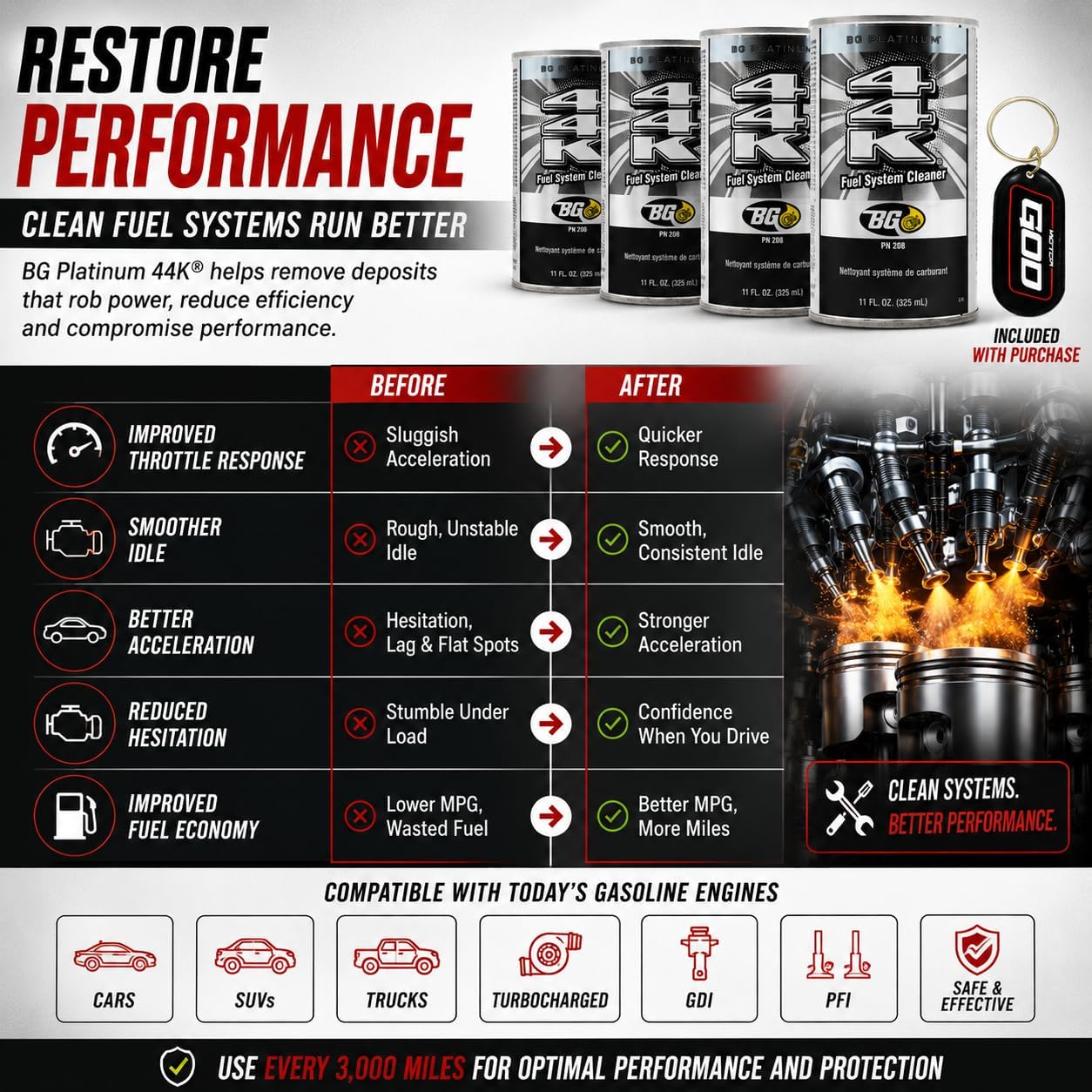 BG Platinum 44K Fuel System Cleaner, 4 Pack 11 oz Cans, Gasoline Fuel Injector Cleaner for Cars, Trucks and SUVs, GDI and PFI Engines, Includes Keychain