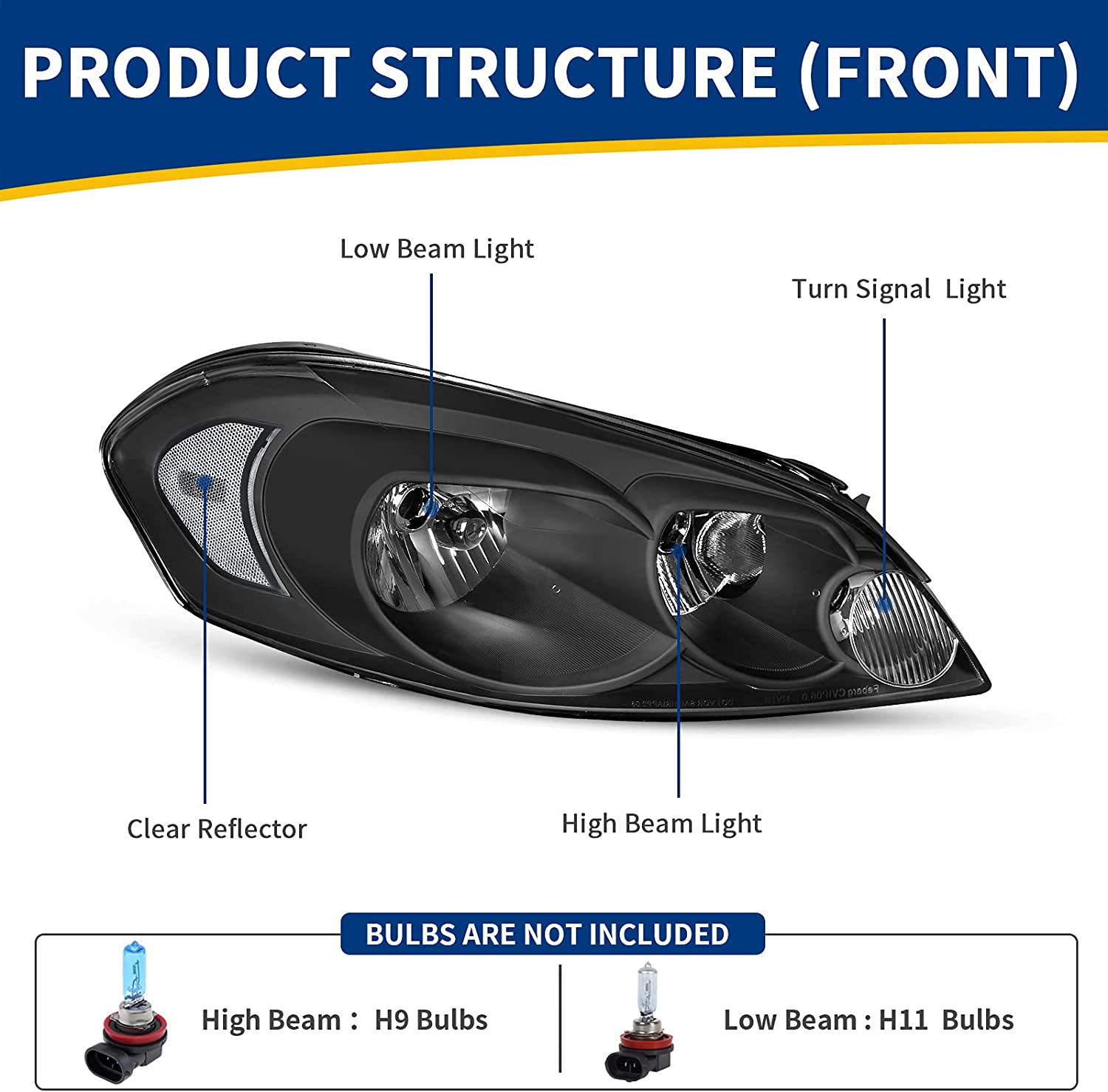 NTXGlow Autosaver88 headlight assembly for Chevy Impala and Monte Carlo with black housing, clear lens, and reflector, compatible 2006-2013.