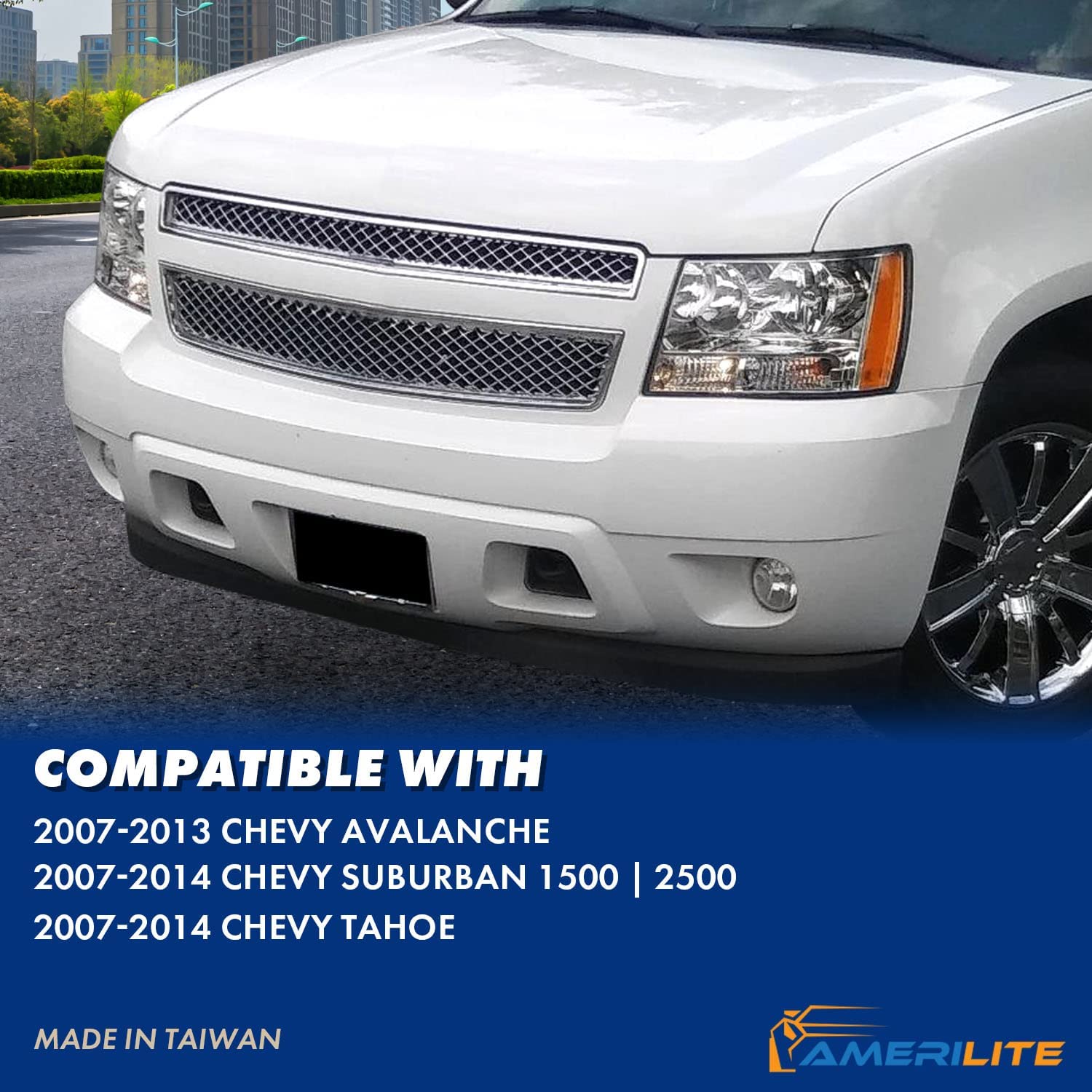NTXGlow Amerilite factory style replacement headlights for Chevy Tahoe Suburban Avalanche, chrome housing, driver and passenger sides.