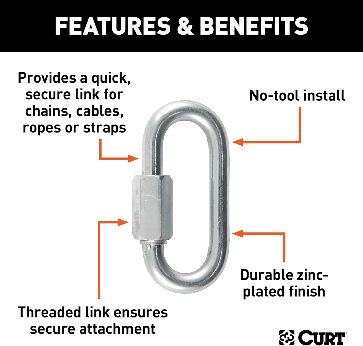 CURT 82900 Threaded Quick Link Trailer Safety Chain Hook Carabiner Clip, 5/16-Inch Diameter, 8,800 lbs Break Strength