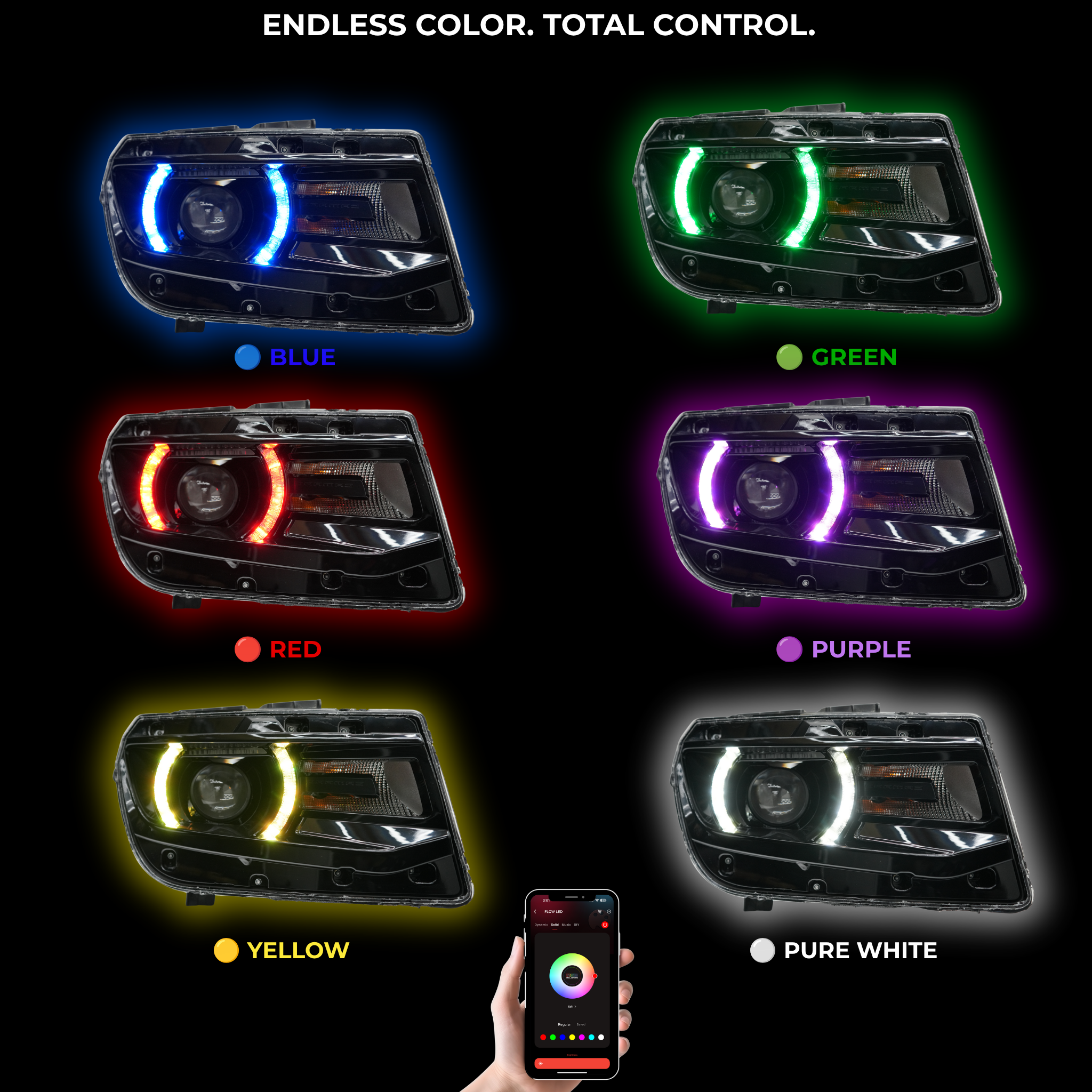 Multicolor LED DRL boards for Chevrolet Camaro RS/SS 2014-2015, RGB Halo Kits automotive lighting with vibrant illumination.