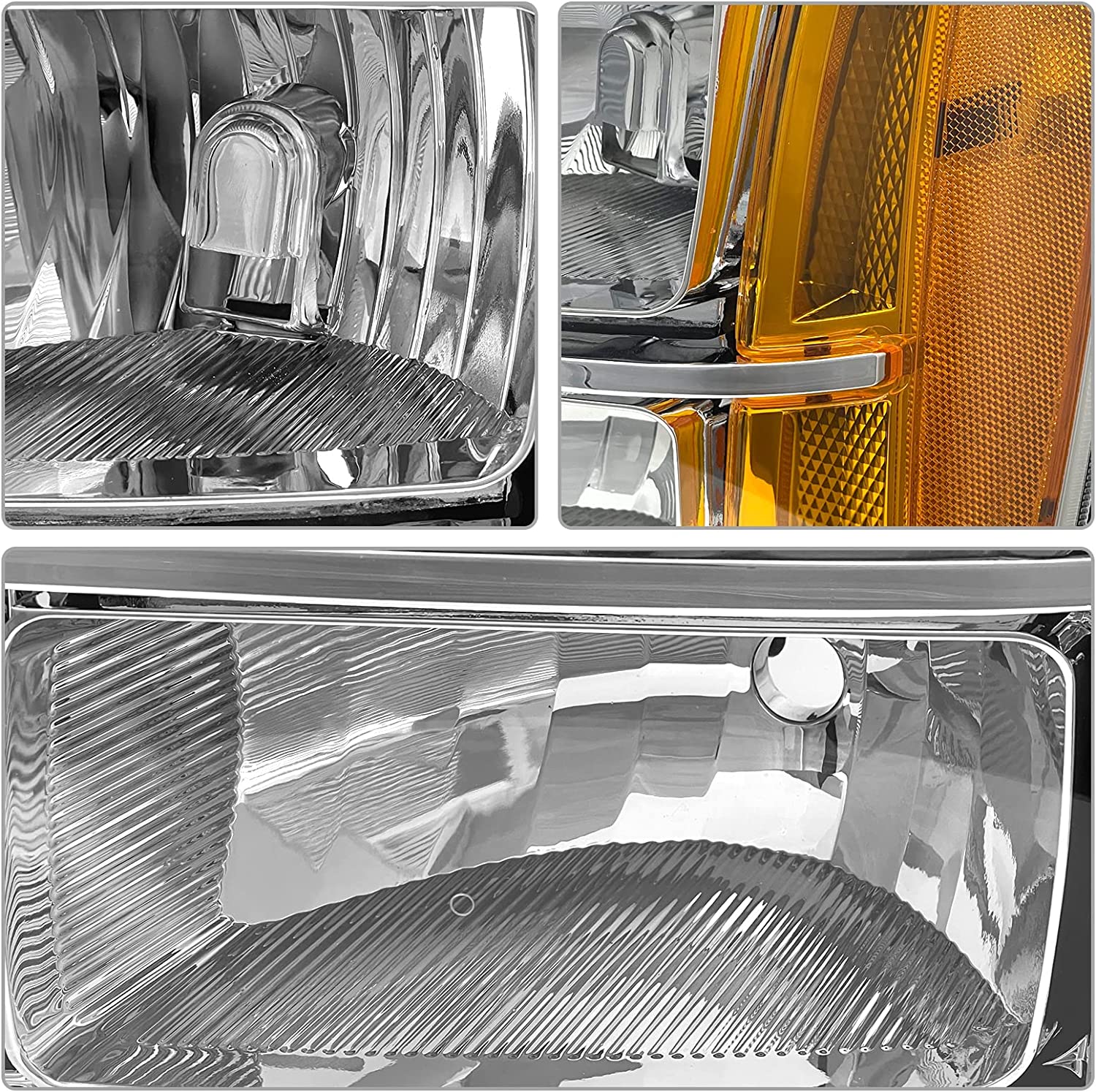 Pair of NTXGlow headlight assemblies for GMC Sierra 1500, 2500HD, 3500HD 2007-2014 with chrome housing and amber reflectors, left and right.