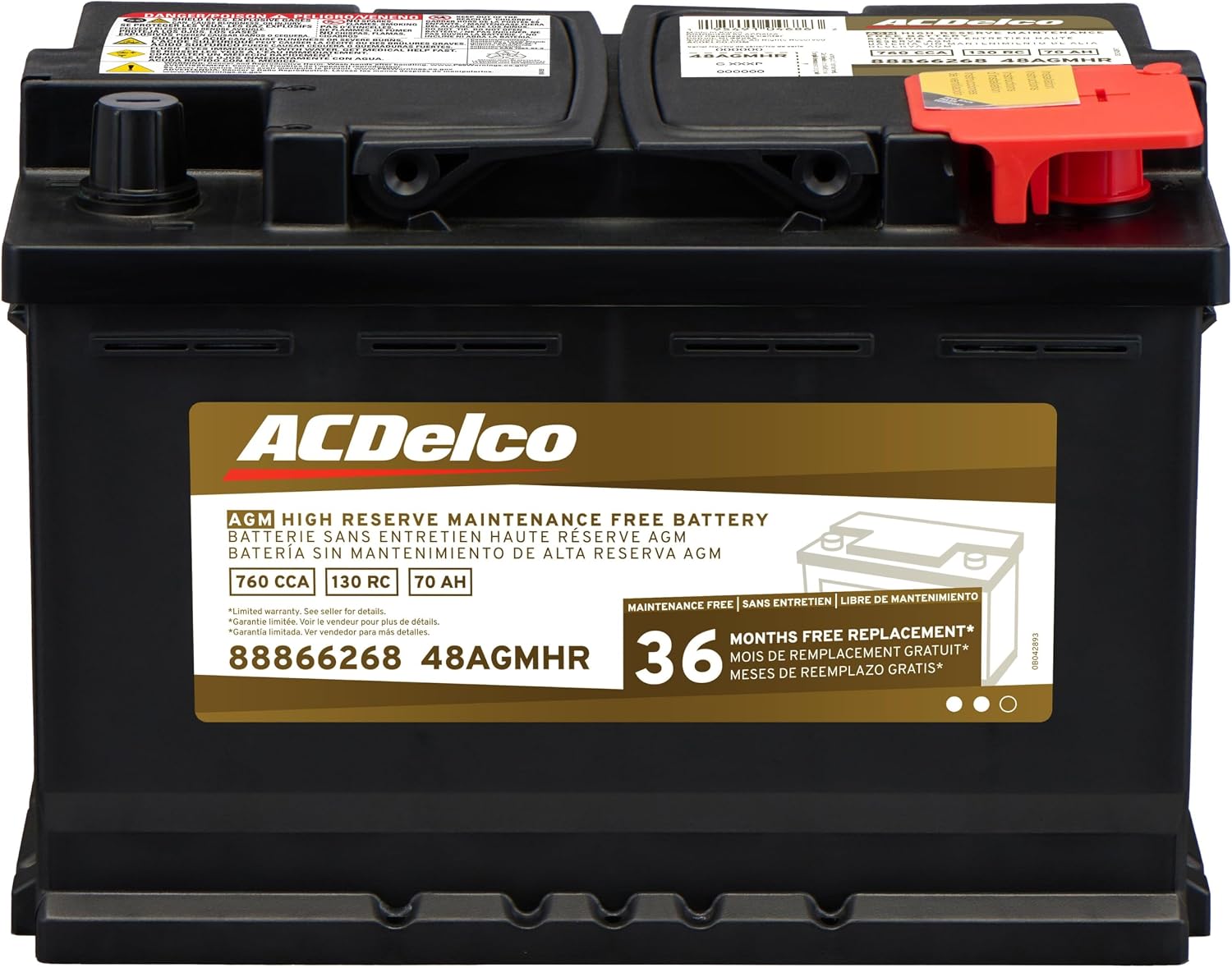 ACDelco Gold 48AGMHR (88866268) 36 Month Warranty High Reserve AGM BCI Group 48 Battery