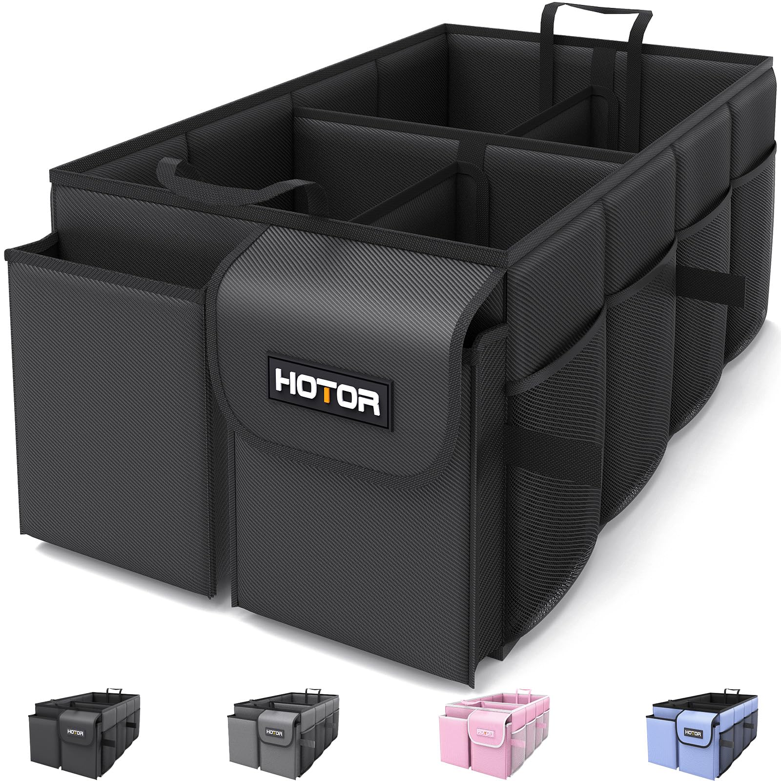 HOTOR Trunk Organizer - Foldable Car Organizer for SUVs & Sedans Storage | Sturdy Car Organization for Men & Women, Car Accessories, Tools, Sundries, Black, 2 Compartments, 21.3" x 12.6" x 10.6"