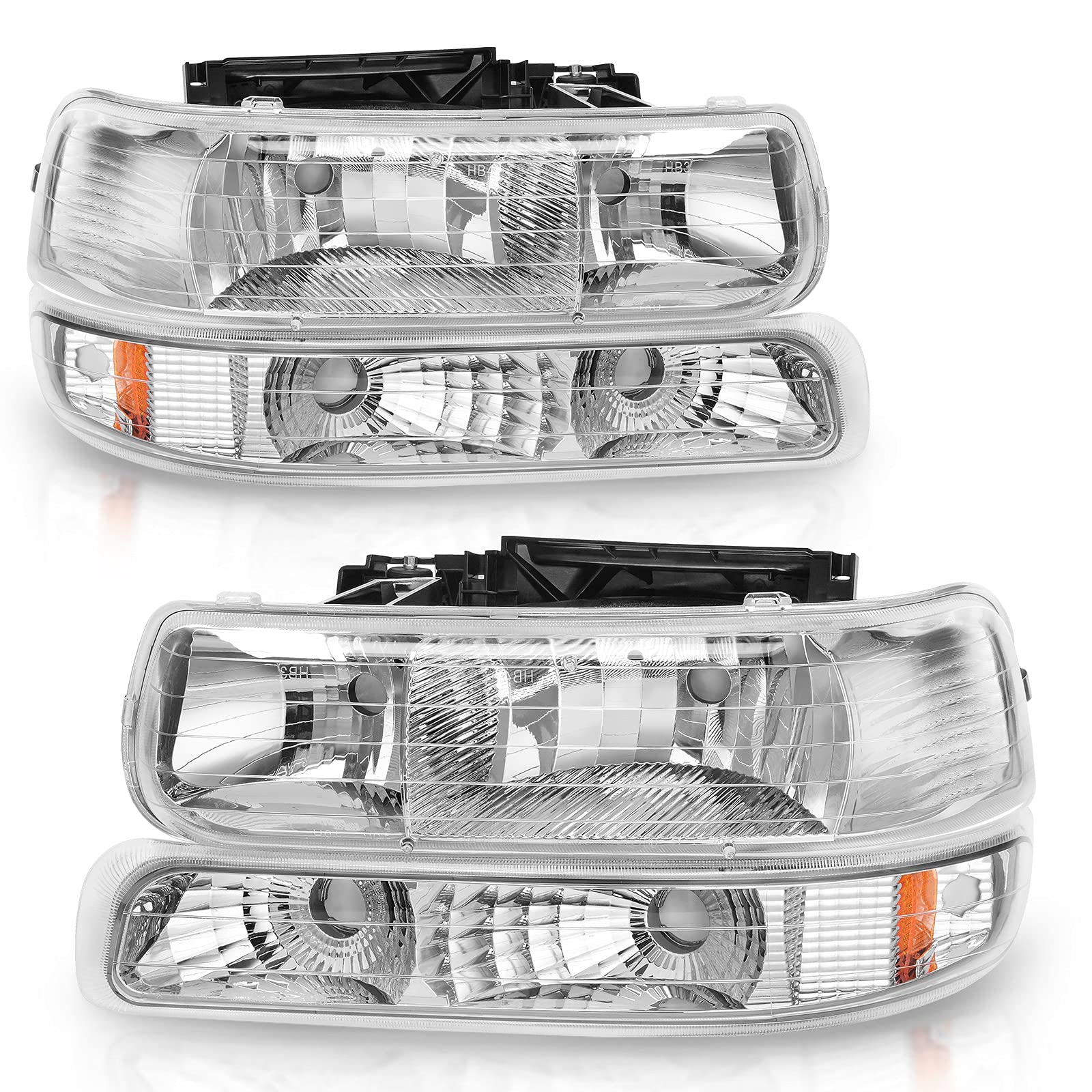 NTXGlow Autosaver88 headlight assembly for Chevy Silverado and Tahoe with chrome housing, amber reflector, compatible with 9902 models
