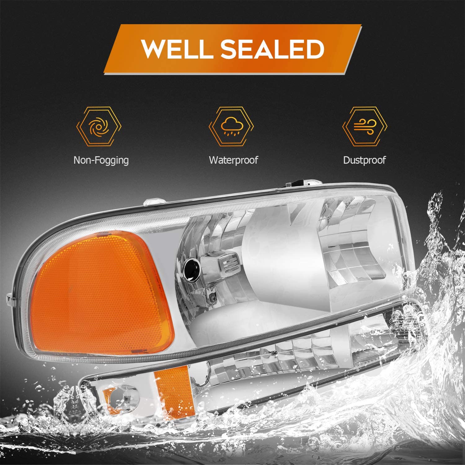 NTXGlow headlight assembly for GMC Sierra 1500 1999-2006 Classic 2007, chrome housing with amber reflector and clear lens, driver side.