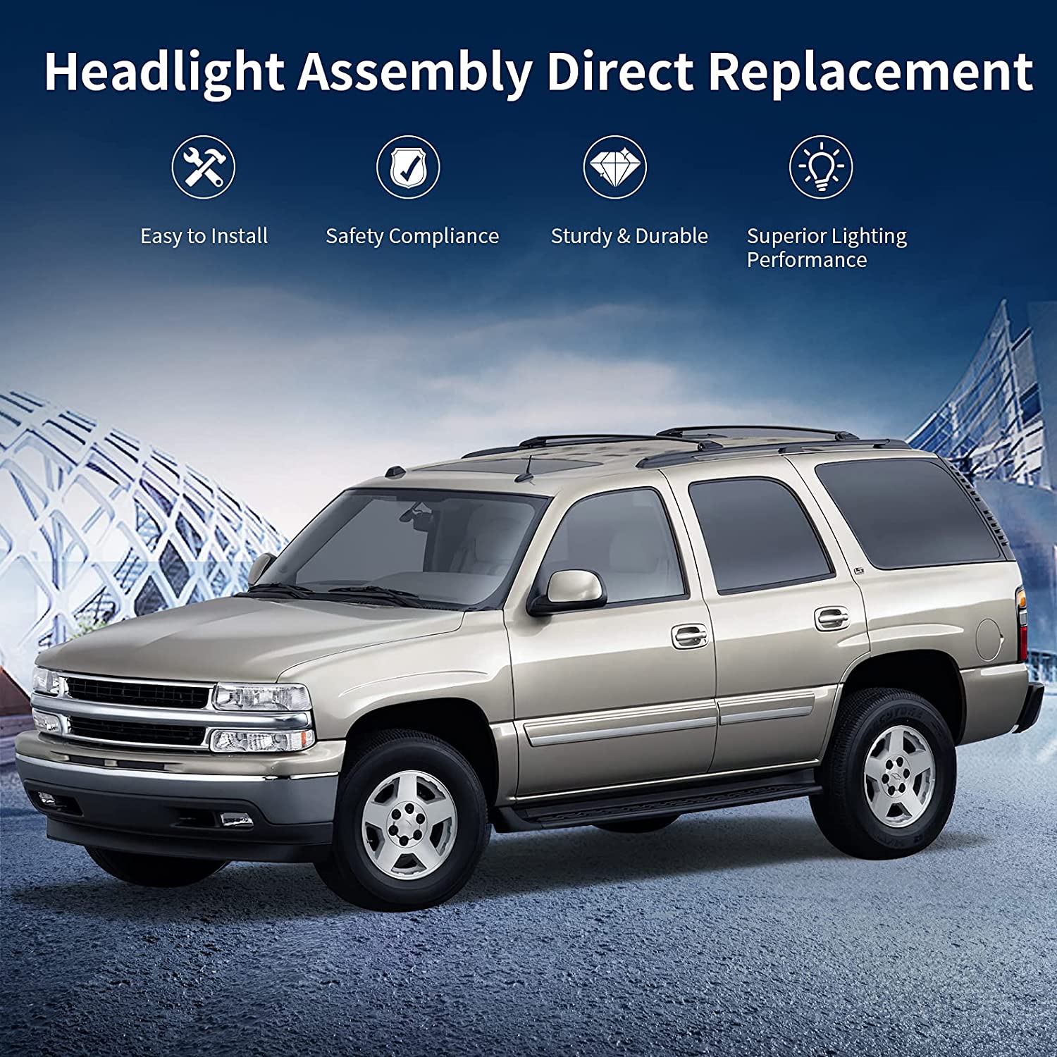 NTXGlow Autosaver88 headlight assembly for Chevy Silverado and Tahoe with chrome housing and amber reflector, compatible with multiple models.