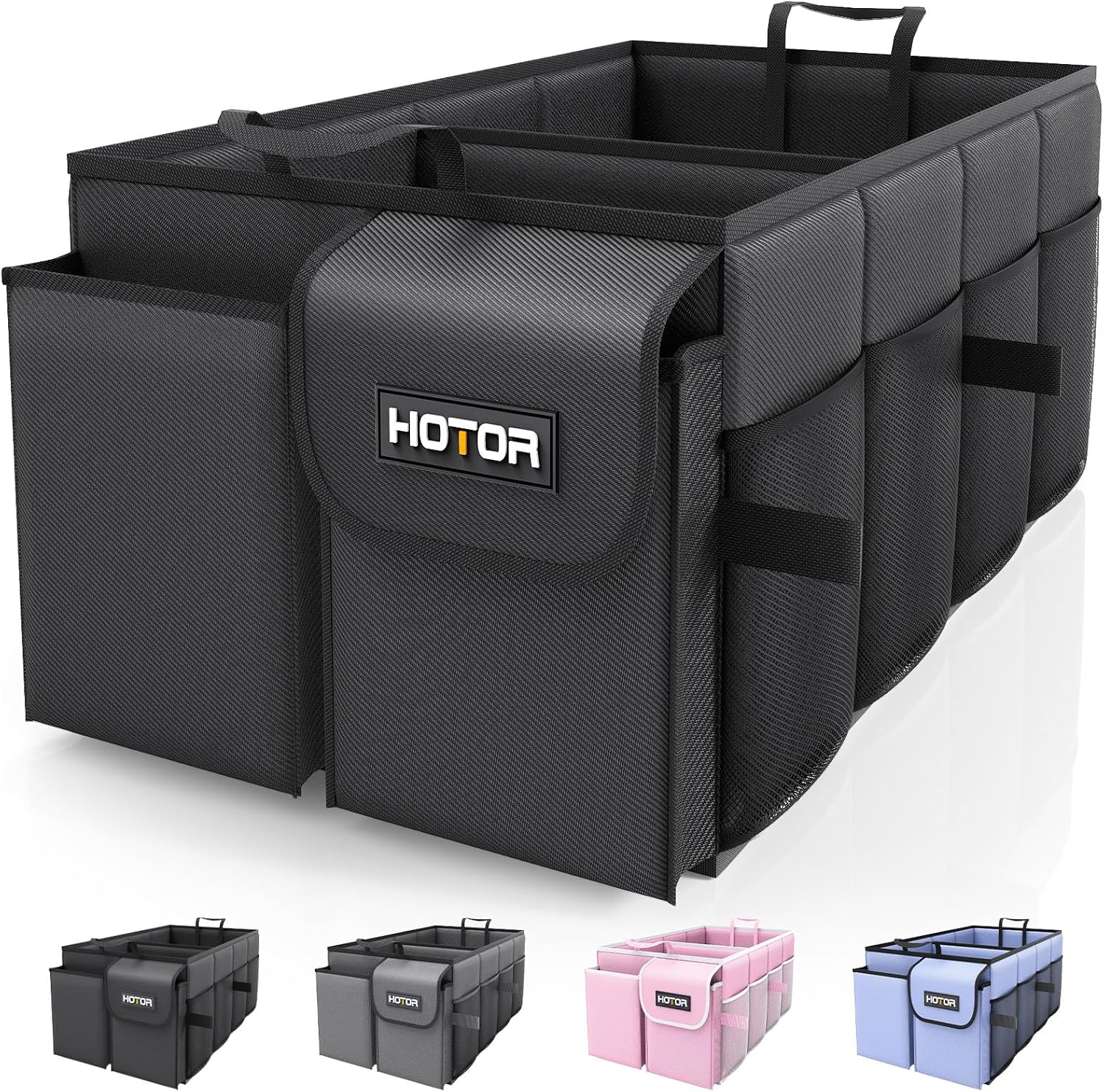 HOTOR Trunk Organizer - Foldable Car Organizer for SUVs & Sedans Storage | Sturdy Car Organization for Men & Women, Car Accessories, Tools, Sundries, Black, 2 Compartments, 21.3" x 12.6" x 10.6"