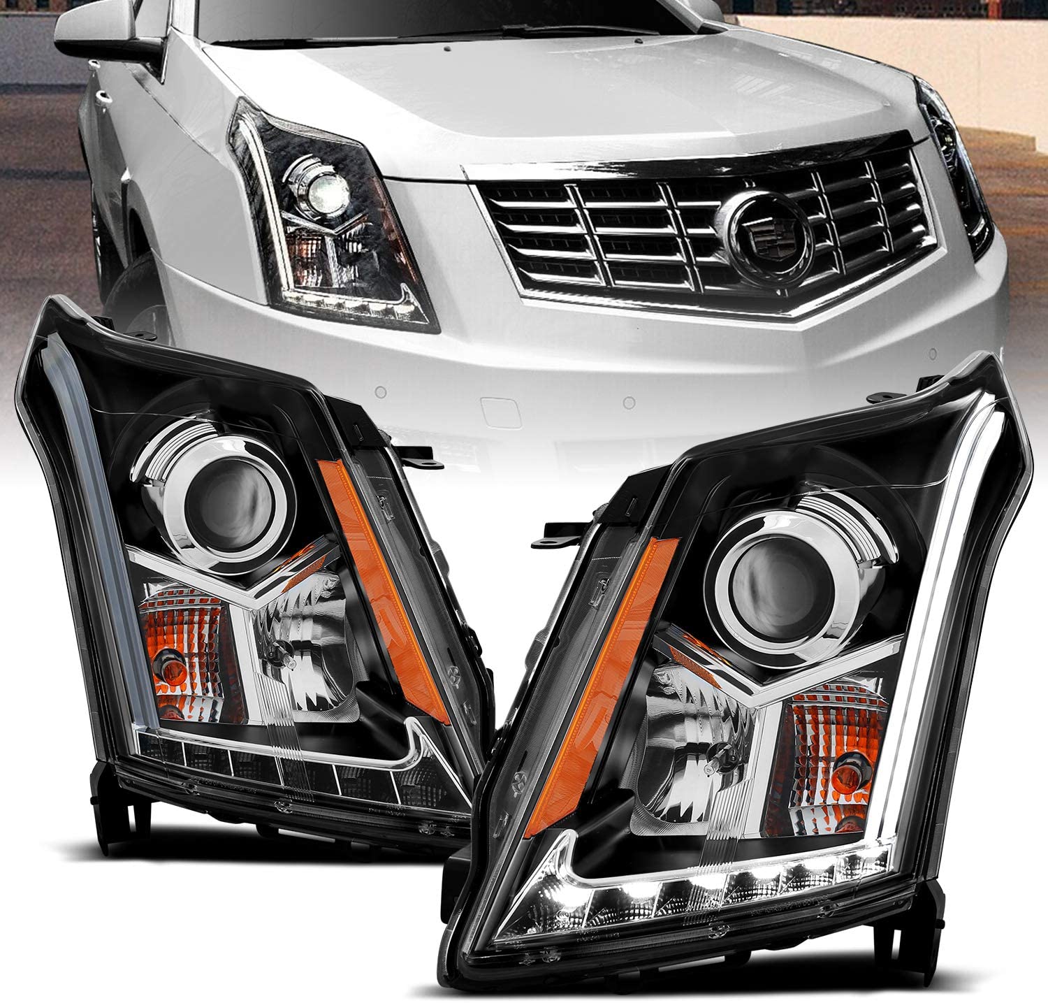 NTXGlow Amerilite chrome projector LED headlights for Cadillac SRX 2010-2016, passenger and driver side replacement lighting.