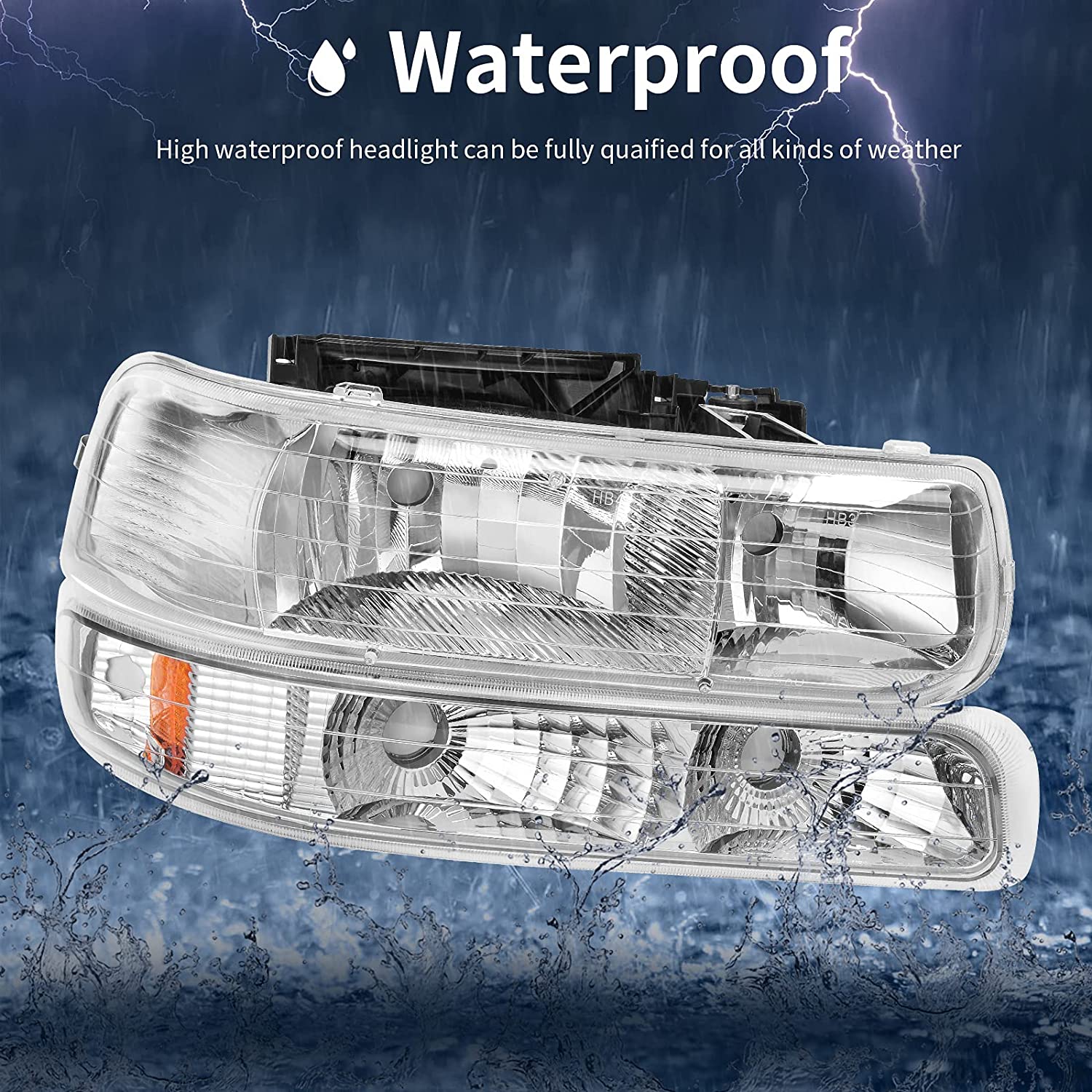 NTXGlow Autosaver88 headlight assembly for Chevy Silverado and Tahoe with chrome housing and amber reflector, front bumper lights.