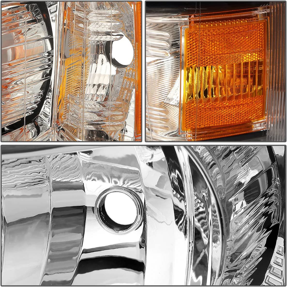 NTXGlow Dna Motoring chrome amber headlights for 2007-2013 Silverado 1500 HD 2500 HD 3500 truck, visible with chrome finish and amber lenses.