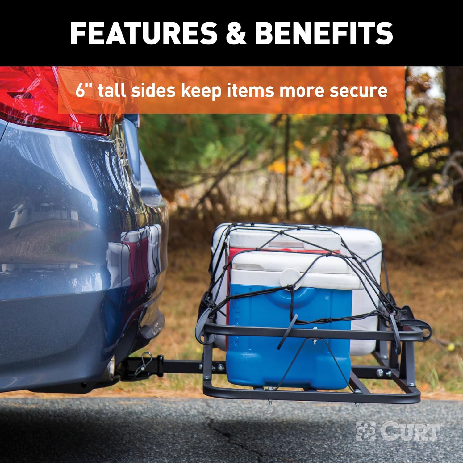 CURT 18145 Cargo Basket Hitch Trailer Hitch Cargo Carrier, 500 lbs. Capacity, 46-1/2-Inch x 17-1/2-Inch x 5-1/2-Inch, Fits 1-1/4 or 2-Inch Receiver