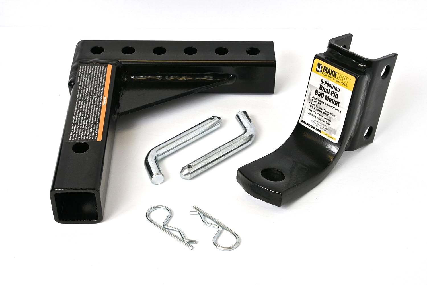MaxxHaul Adjustable Ball Mount, 5,000 lb Towing Capacity with 8‑Position Height Adjustment, Fits 2" Receivers, Heavy‑Duty Steel Tow Hitch with Dual‑Pin System (70067)