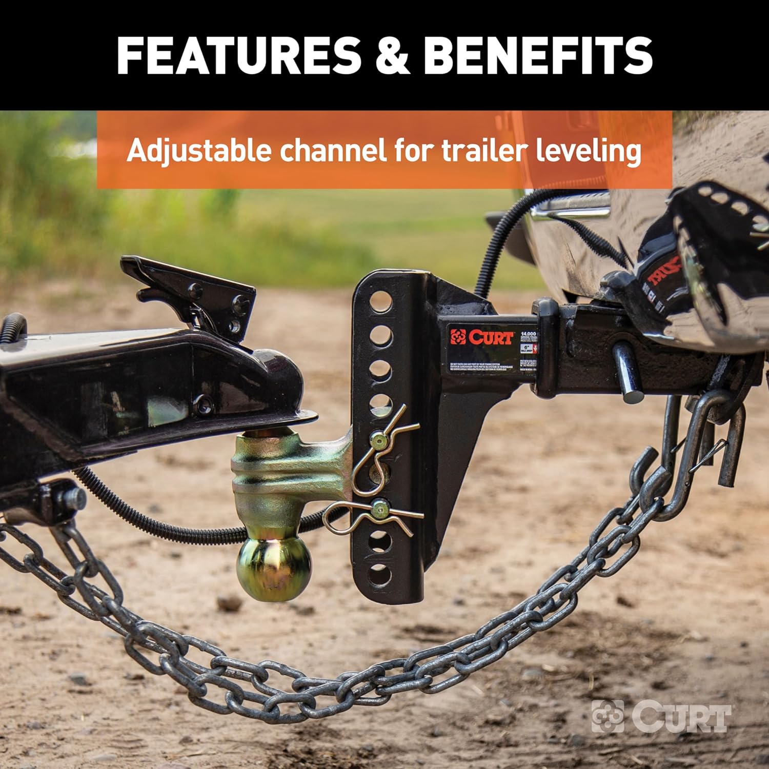 CURT 45900 Adjustable Dual-Ball Channel Mount, 2" Shank, 6" Drop | 2" Ball Rated 10,000 lb, 2-5/16" Ball Rated 14,000 lb, 5-1/4" Rise, 11" or 12" Length, Built-In Anti-Rattle