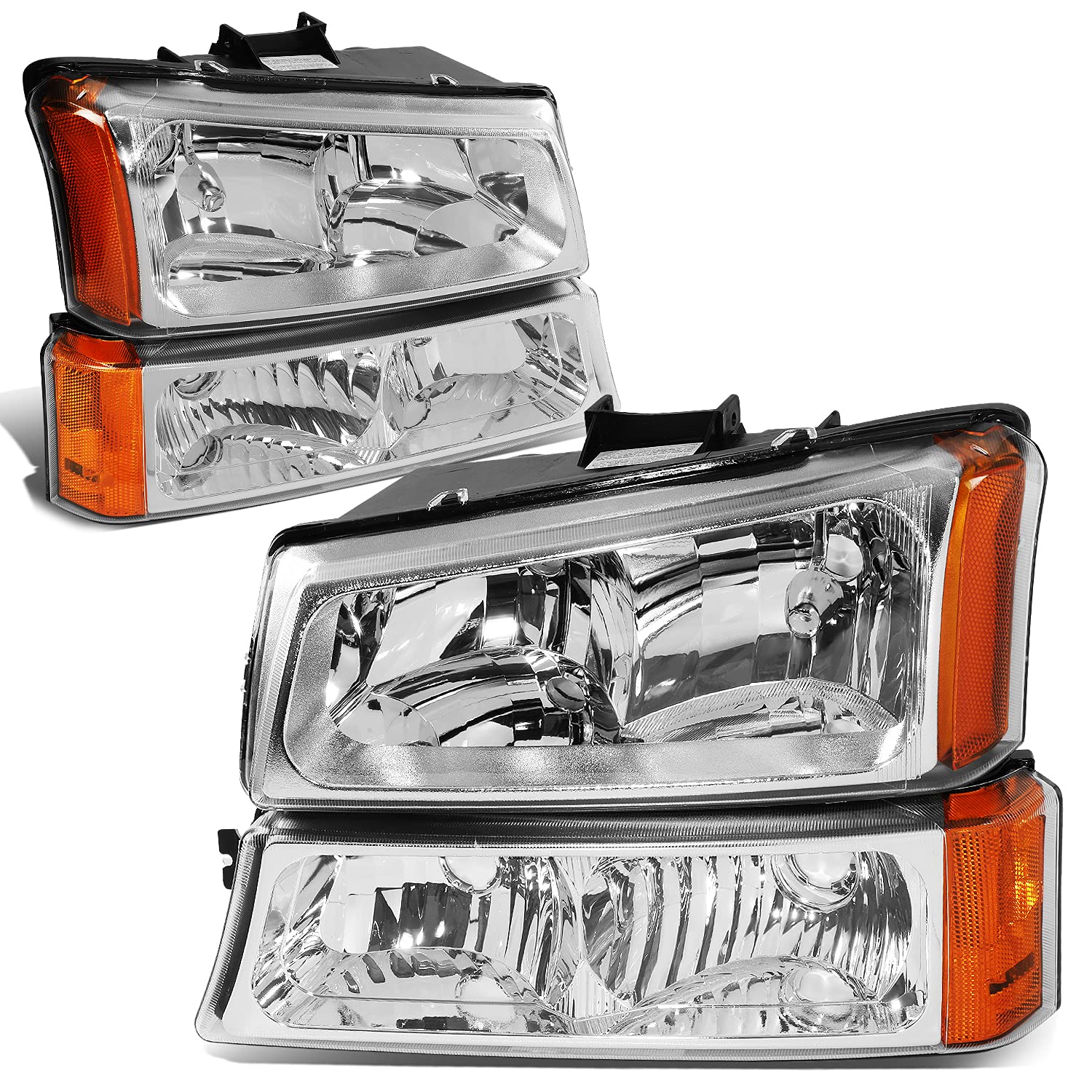 NTXGlow Dna Motoring chrome amber headlights for 2003-2006 Chevy Silverado and Avalanche, showing front view with chrome finish and amber lenses.
