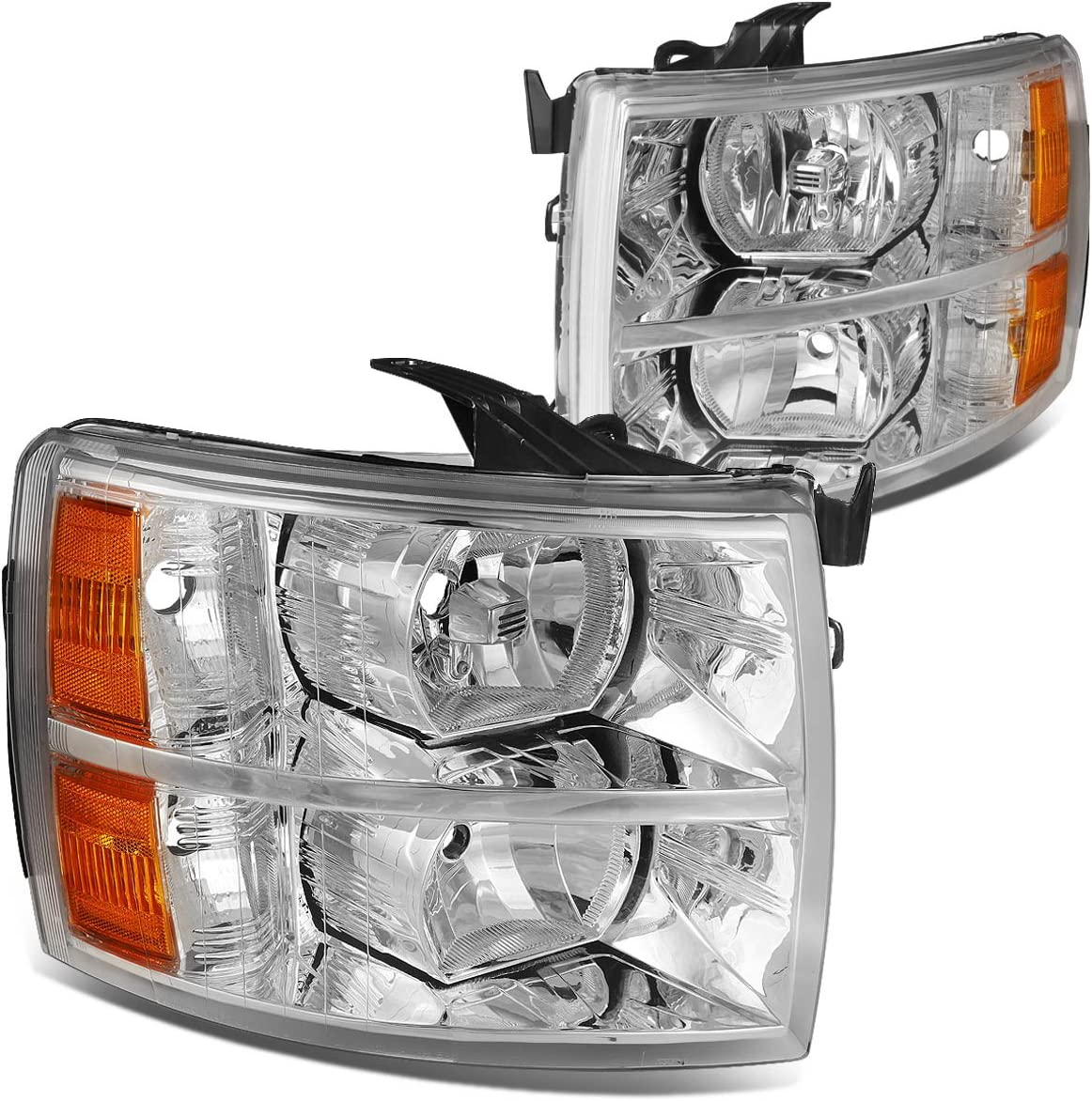 NTXGlow chrome amber headlights for 2007-2013 Silverado 1500/2500HD/3500 trucks, featuring a sleek design and clear lens.