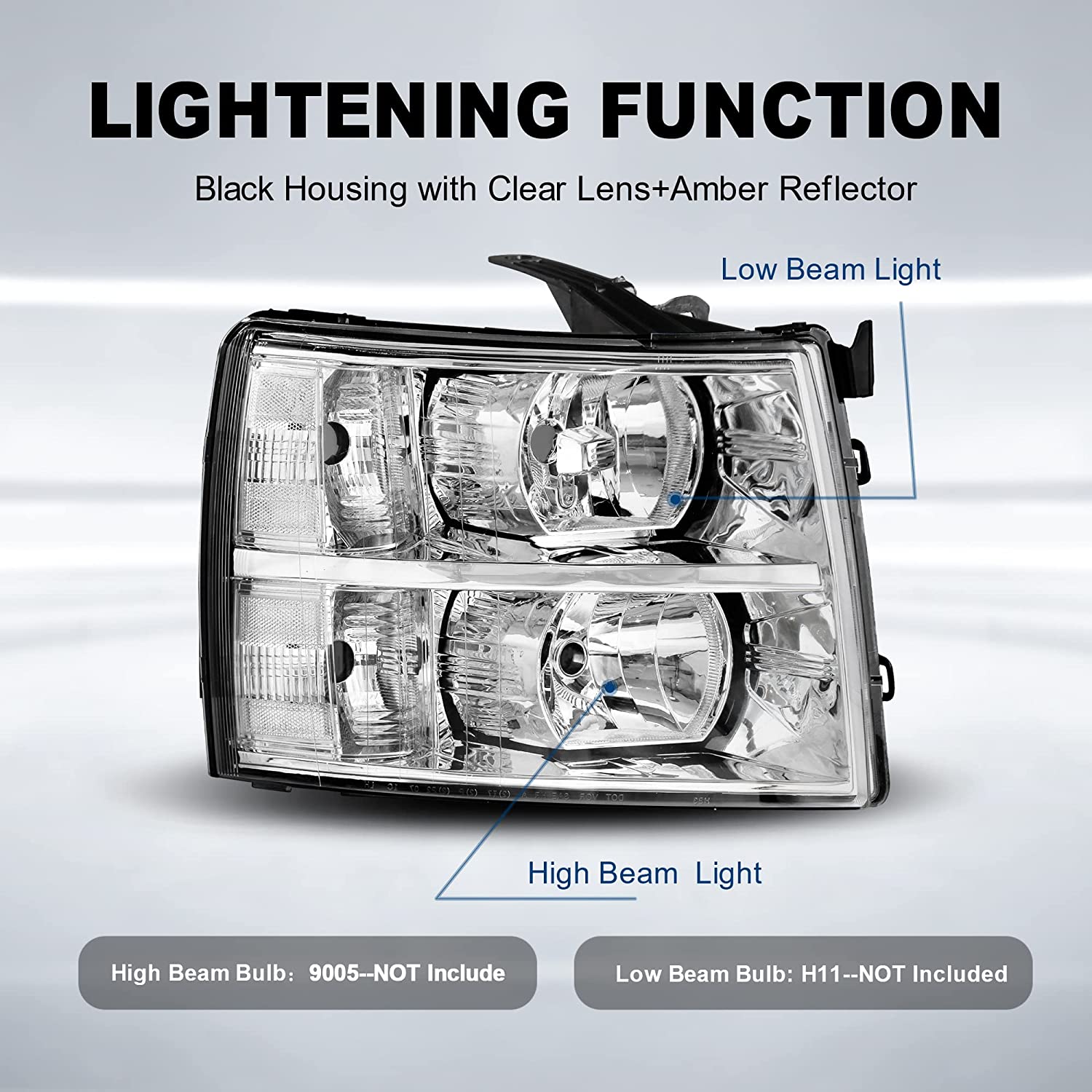 NTXGlow MOSTPLUS Chevy Silverado headlight assembly with black housing, clear lens, and amber reflector for 1500, 2500, 3500 models