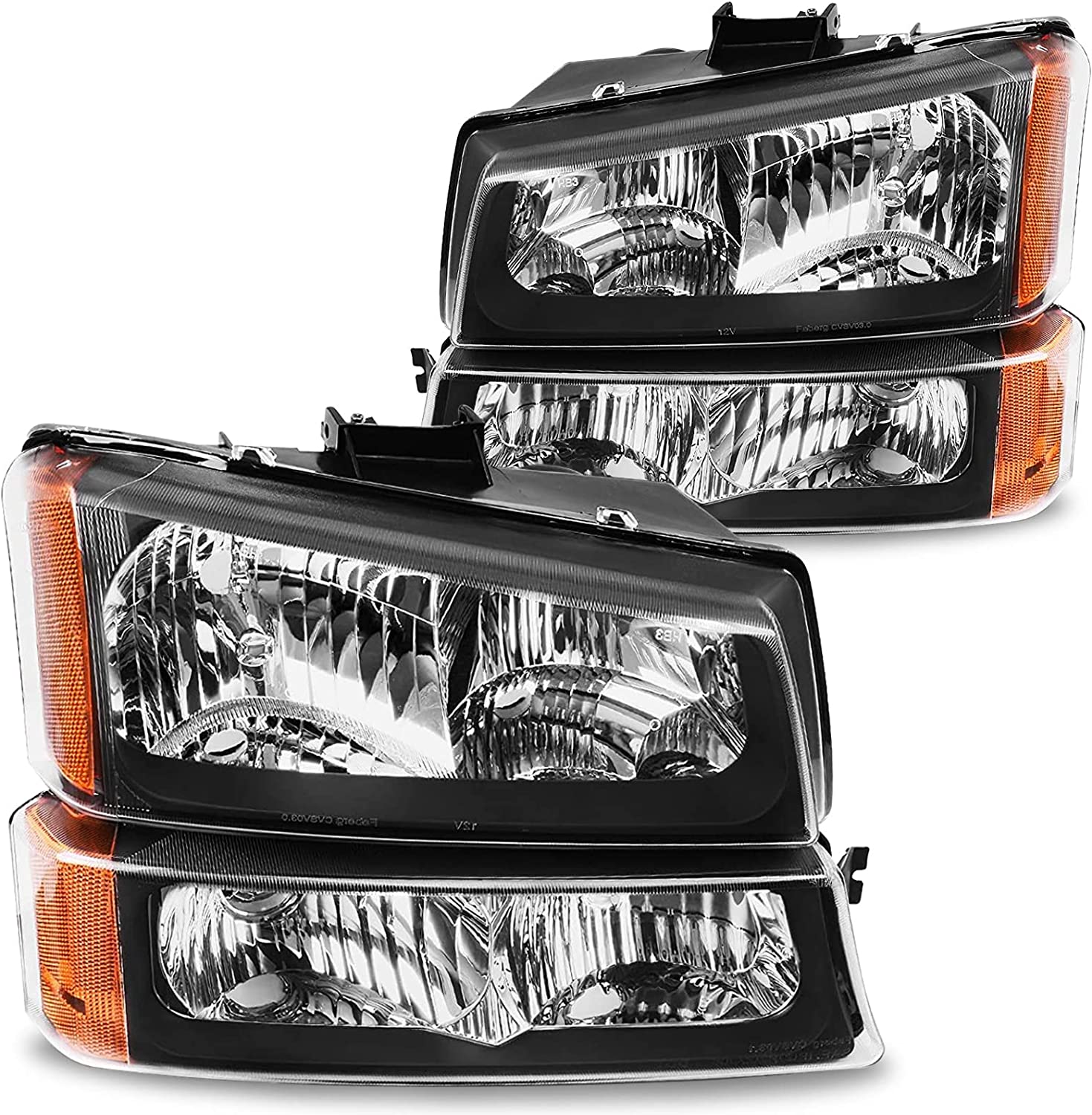Pair of NTXGlow Silverado headlight assemblies for 2003-2006 Chevy Avalanche, clear chrome lens with amber reflector, left and right.