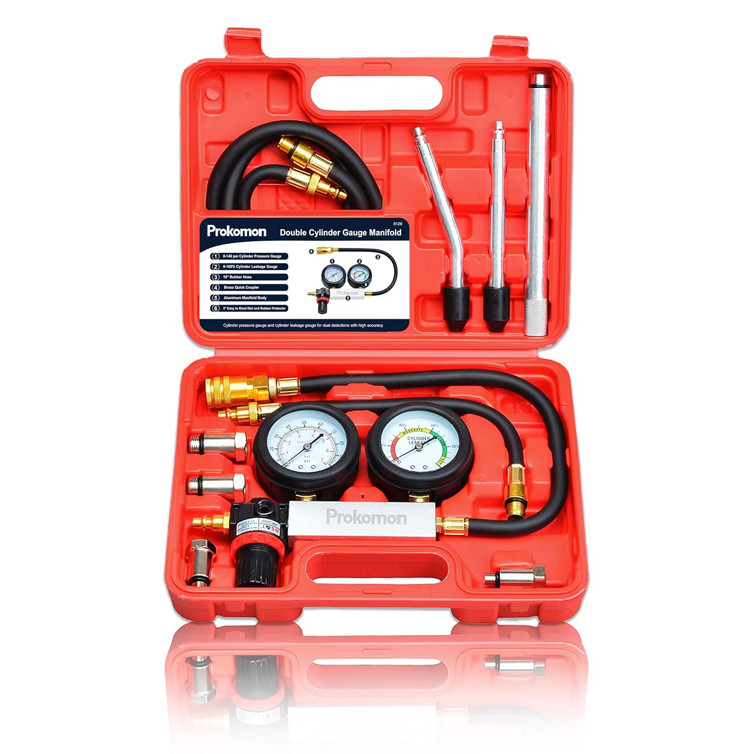 Engine Cylinder Leak Down Tester Kit;Gasoline Engine Leakdown Tester Kit with Extension Rod;Cylinder Leakage Tester Set for Pressure Check and Leakage Rate Test