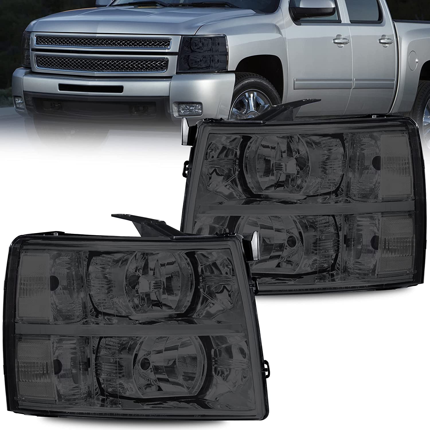 NTXGlow Mostplus Chevy Silverado headlight assembly with black housing, clear lens, and amber reflector for 1500, 2500, 3500 models.