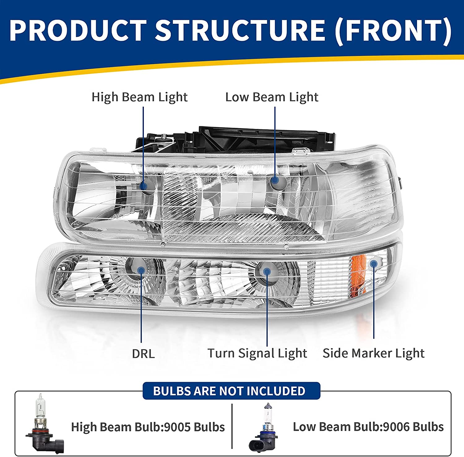 NTXGlow Autosaver88 headlight assembly for Chevy Silverado and Tahoe with chrome housing and amber reflector, front bumper light.