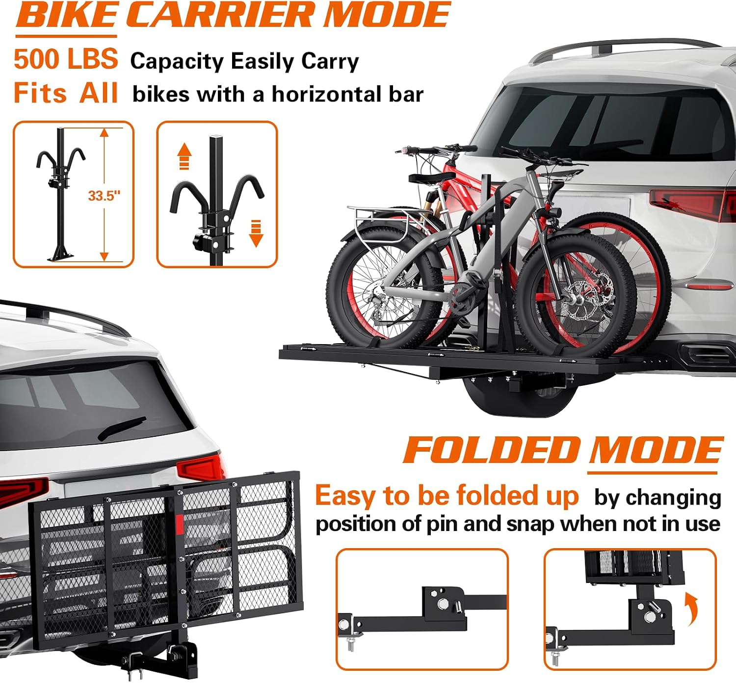 Wildroad 60"x24"x14" Hitch Cargo Carrier, Fits 2" Receiver - Bike Rack Set | 500-lb Load Capacity, Heavy-Duty Steel Construction, 14" High Side Rails, Folding Cargo Basket, for Car SUV Camping Travel