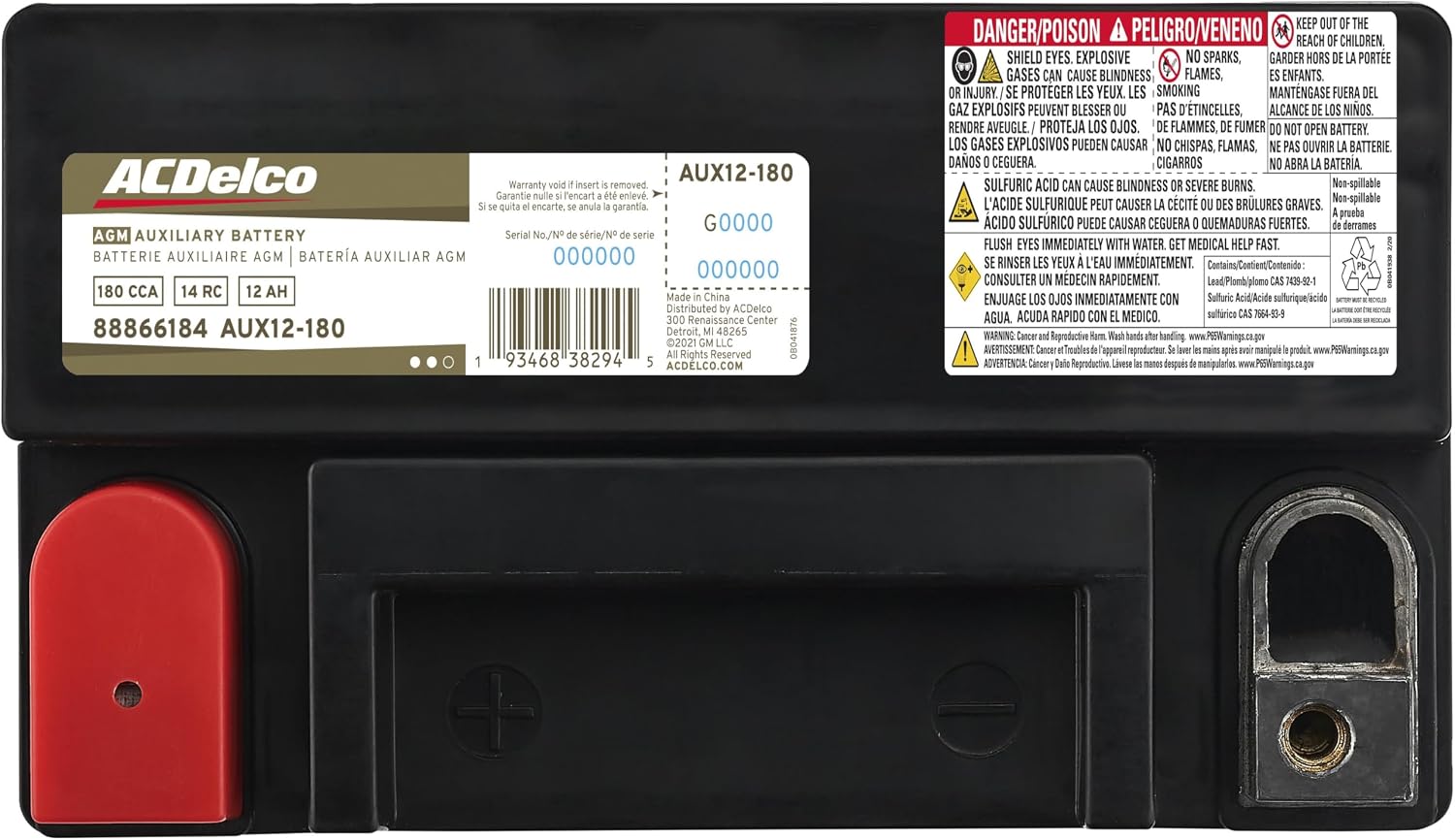 ACDelco Gold AUX12-180 (88866184) 36 Month Warranty Auxiliary AGM 190 CCA Battery