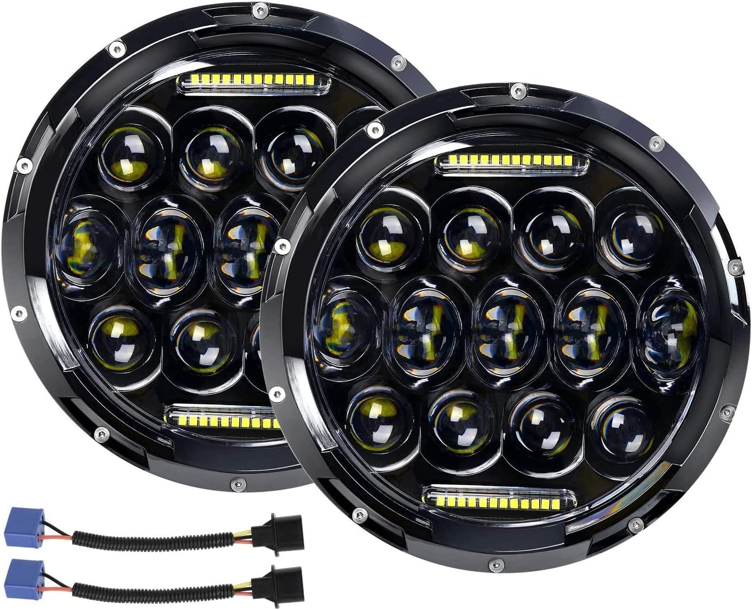 NTXGlow 7-inch round LED headlights with H4 H13 adapters, high and low beam, for cars and motorcycles, 2-pack.