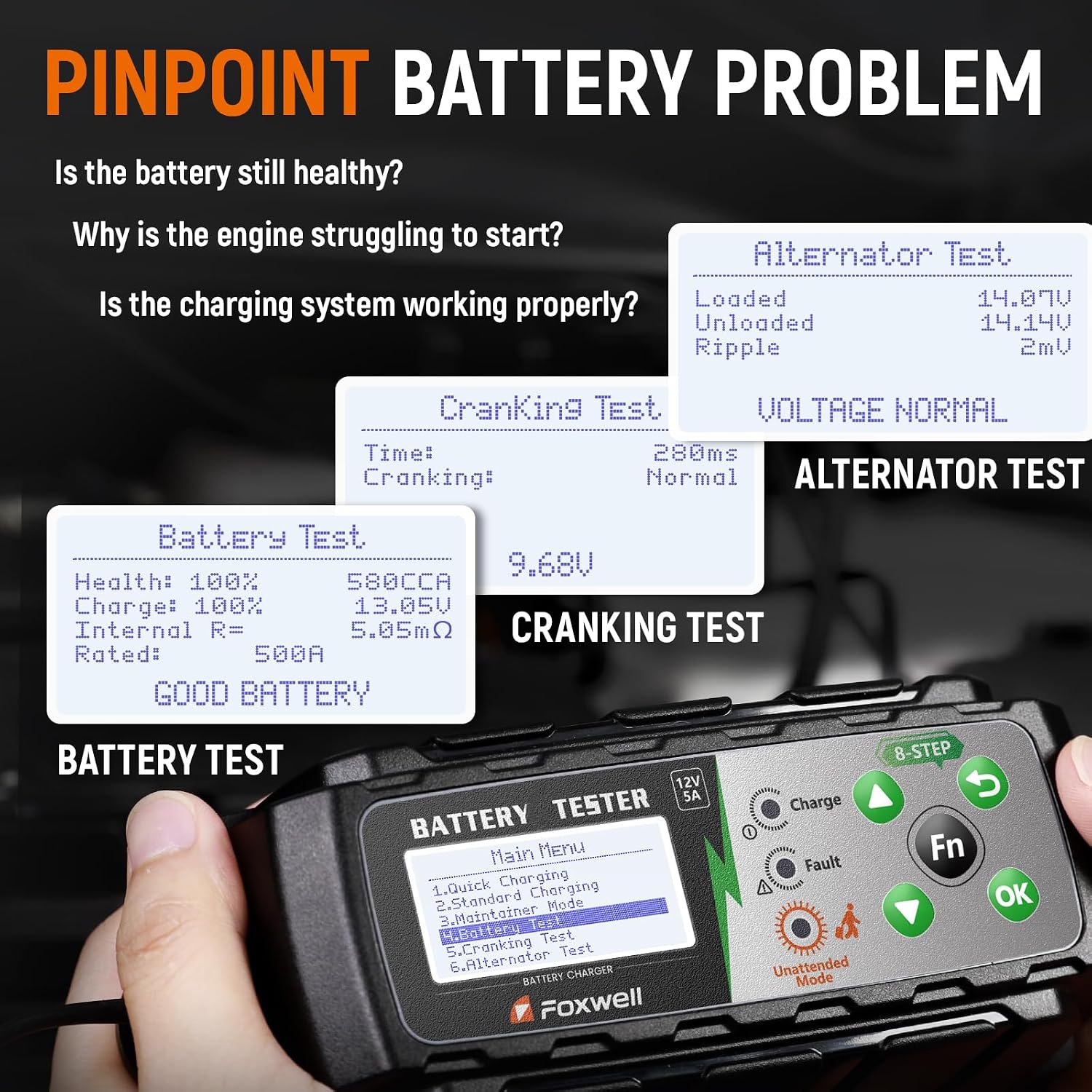 FOXWELL BC521 2-in-1 Battery Charger & Tester, Test Before Charging 12V 5A