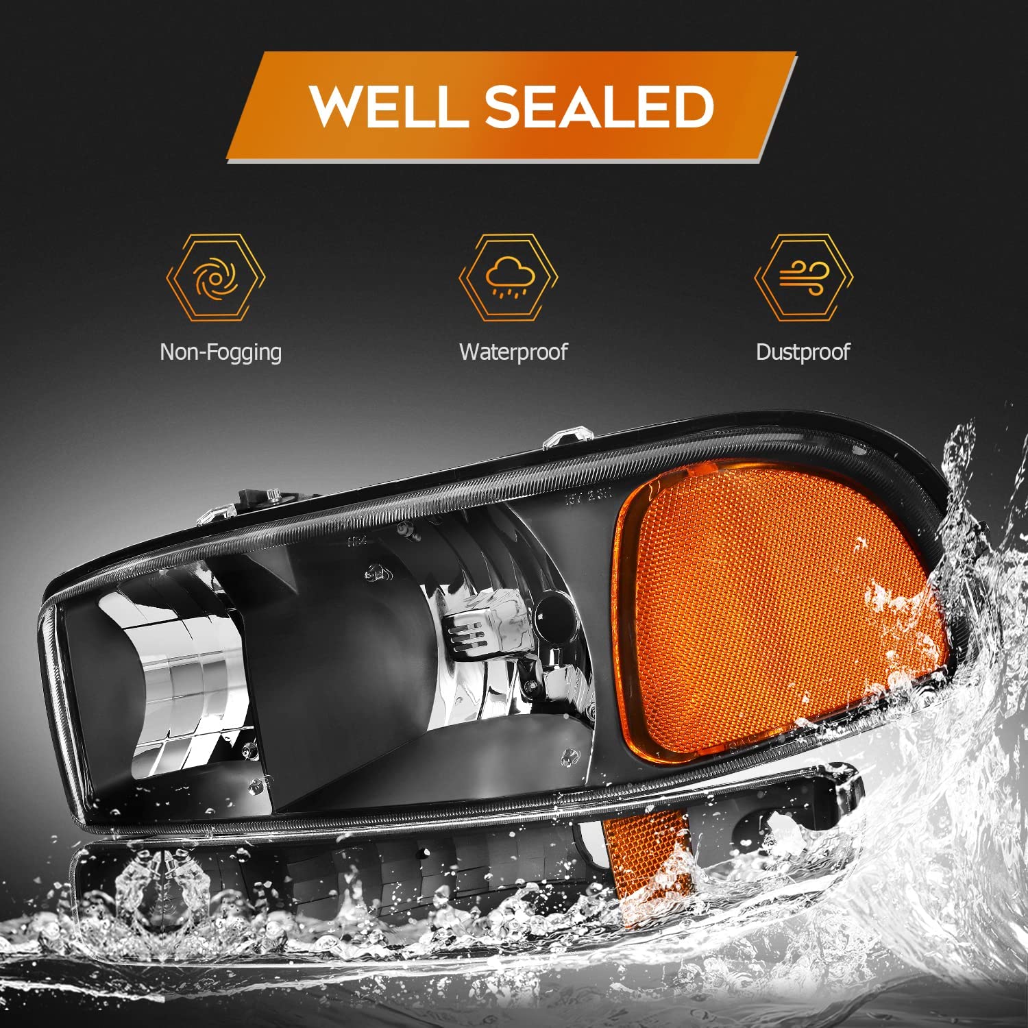 NTXGlow GMC Sierra 1500 headlight assembly with black housing, amber reflector, clear lens, driver and passenger side, for 1999-2007 models