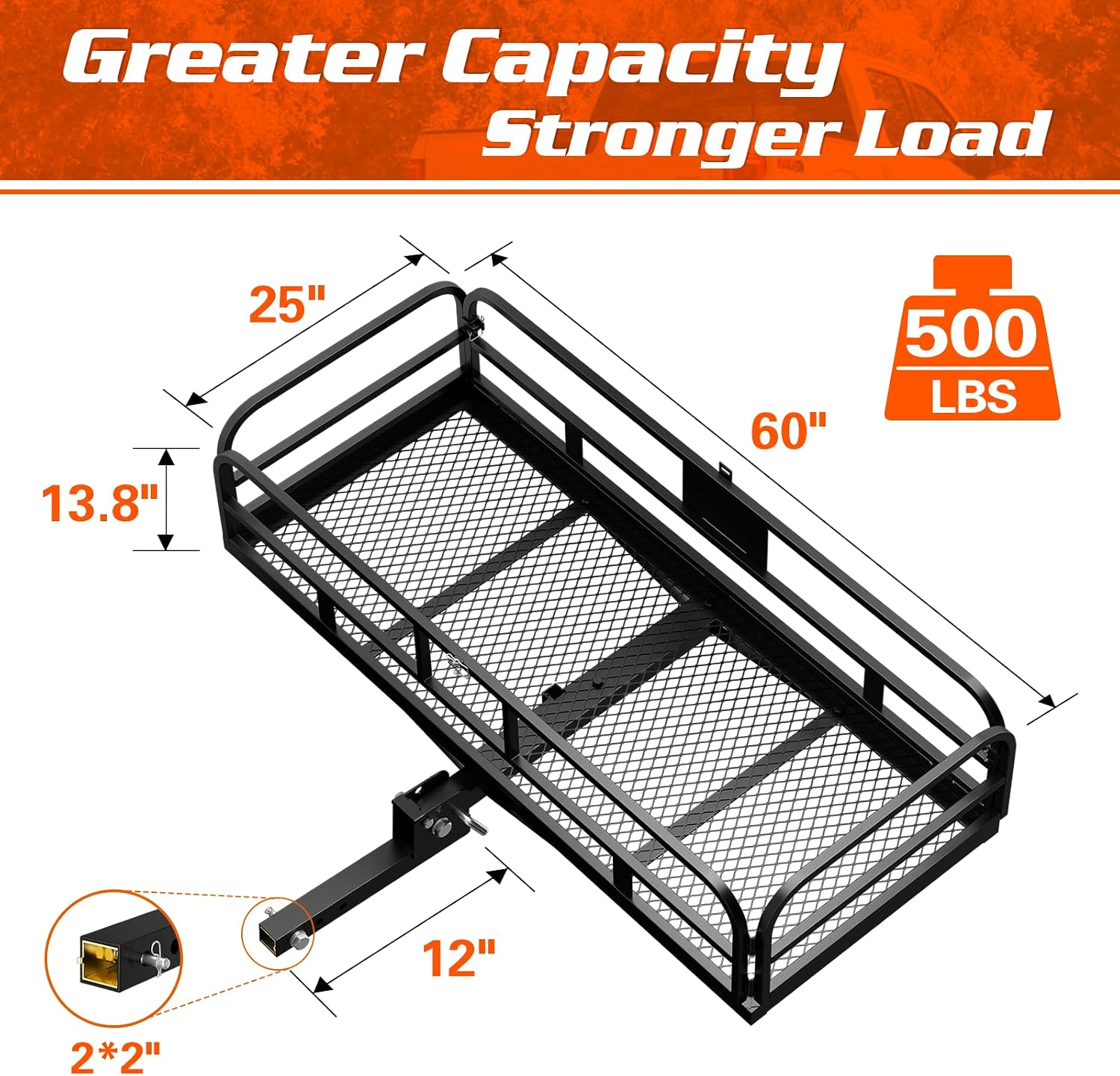 Wildroad 60"x24"x14" Hitch Cargo Carrier, Fits 2" Receiver - Bike Rack Set | 500-lb Load Capacity, Heavy-Duty Steel Construction, 14" High Side Rails, Folding Cargo Basket, for Car SUV Camping Travel