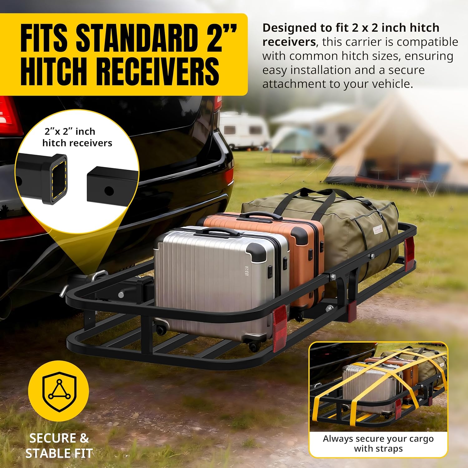 MaxxHaul 70107 53" x 19-1/2" Hitch Cargo Carrier - Trailer Mount Steel With High Side Rails For RV's, Trucks, SUV's, Vans, Cars 2" Receiver 500-lb Load Capacity , Black