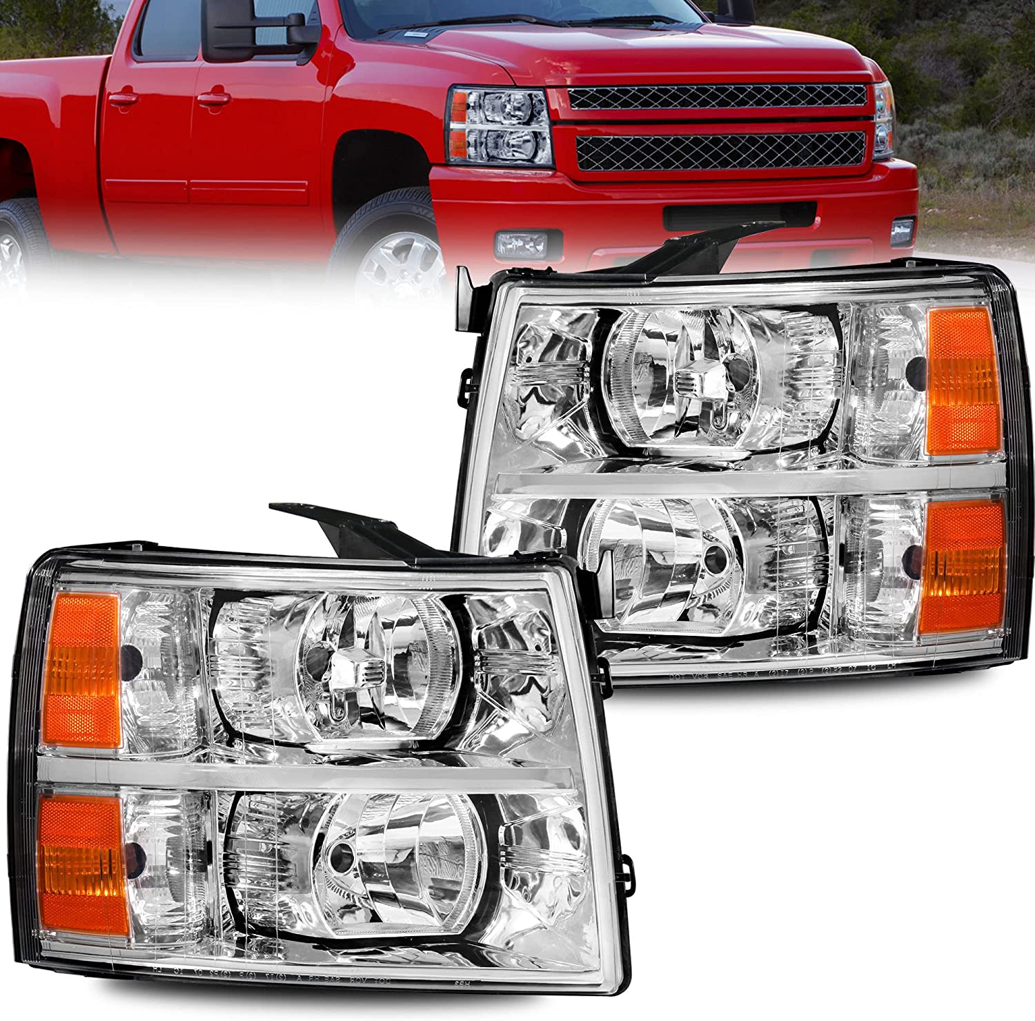 NTXGlow MOSTPLUS Chevy Silverado headlight assembly with black housing, clear lens, and amber reflector for 1500, 2500, 3500 models