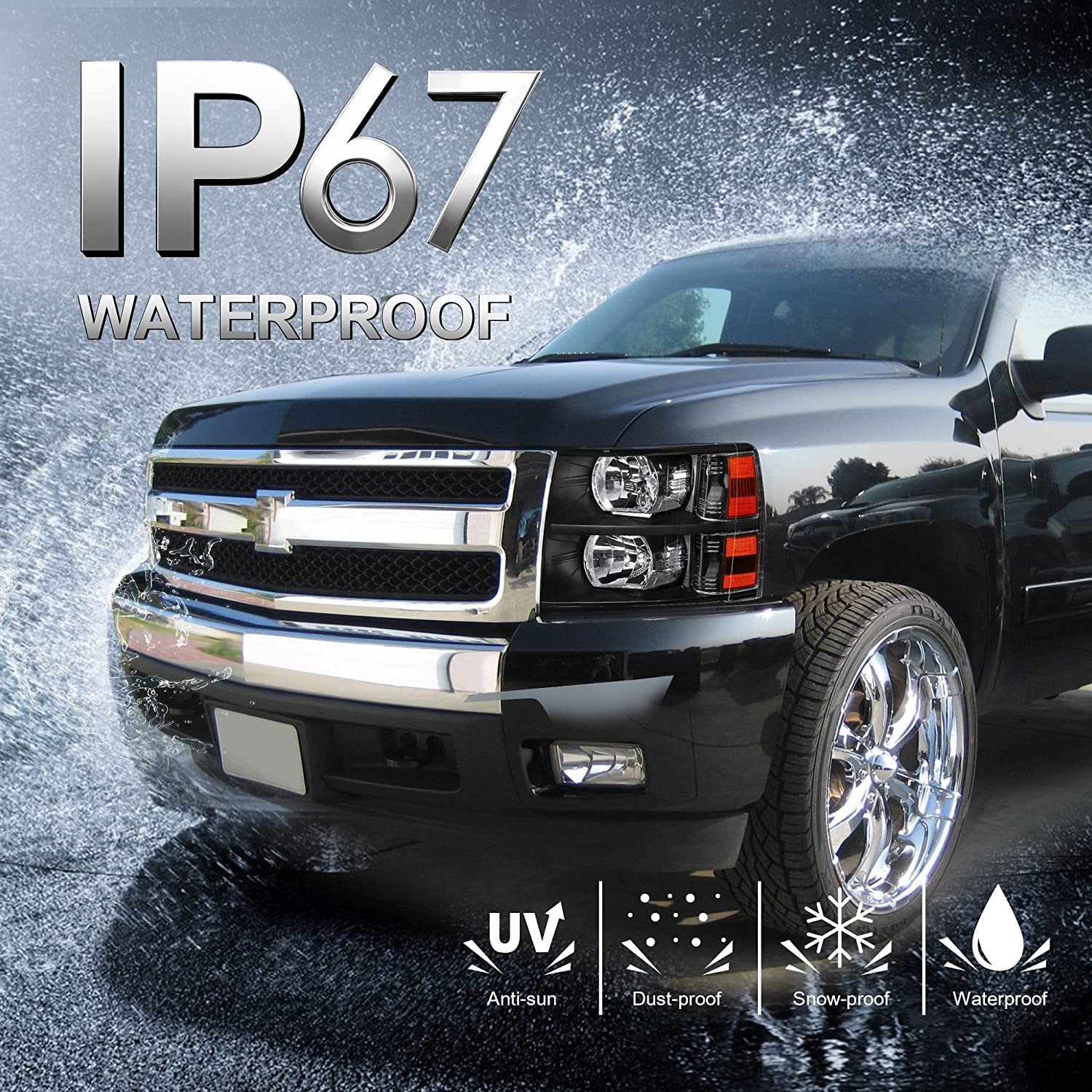NTXGlow Mostplus Chevy Silverado headlight assembly with black housing, clear lens, and amber reflector for Silverado 1500, 2500, 3500.