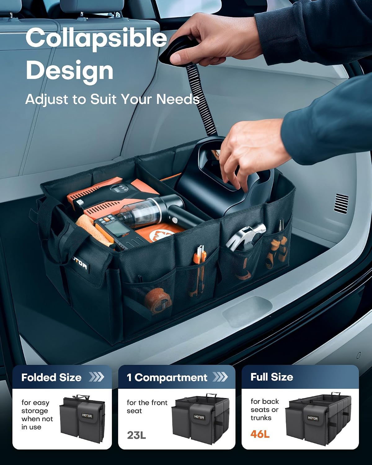HOTOR Trunk Organizer - Foldable Car Organizer for SUVs & Sedans Storage | Sturdy Car Organization for Men & Women, Car Accessories, Tools, Sundries, Black, 2 Compartments, 21.3" x 12.6" x 10.6"