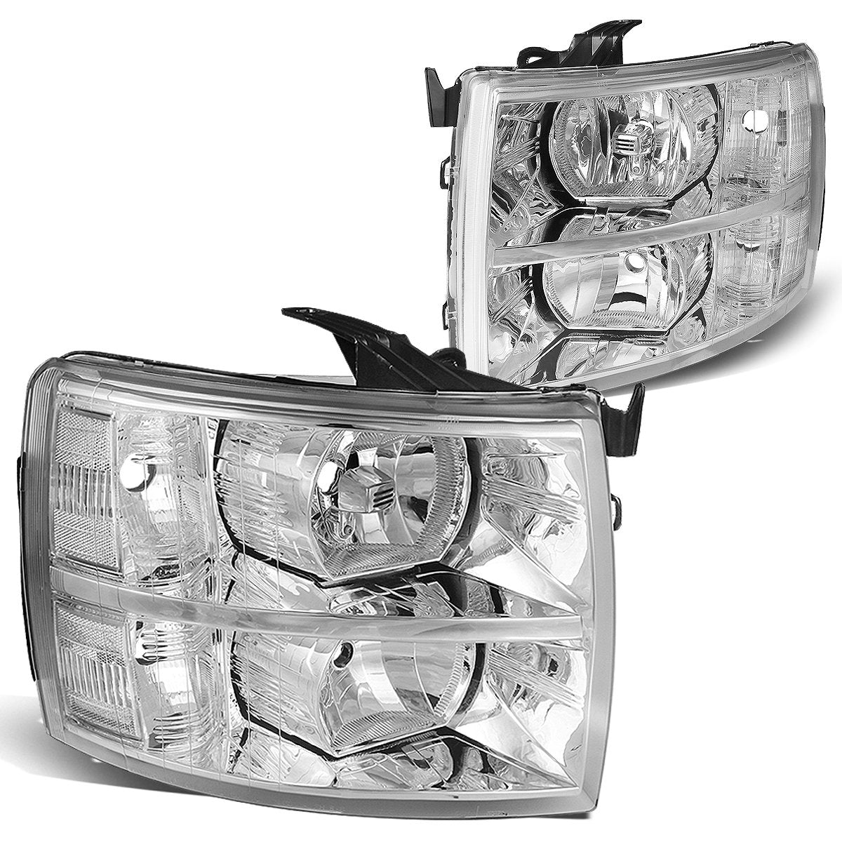 Chrome housing headlights for Silverado 1500 and 2500 HD trucks, compatible with 0713 models, by NTXGlow.