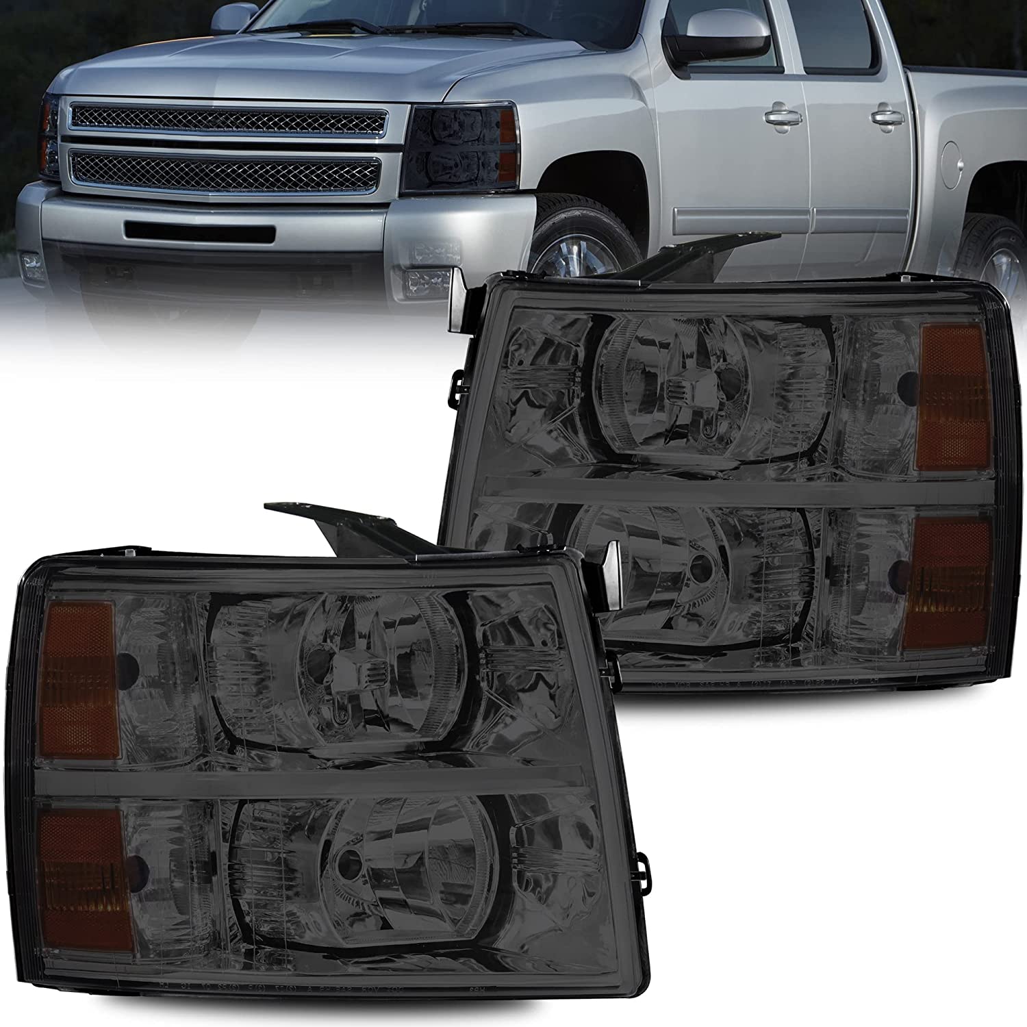 NTXGlow MOSTPLUS Chevy Silverado headlight assembly with black housing, clear lens, and amber reflector for 1500, 2500, 3500 models.