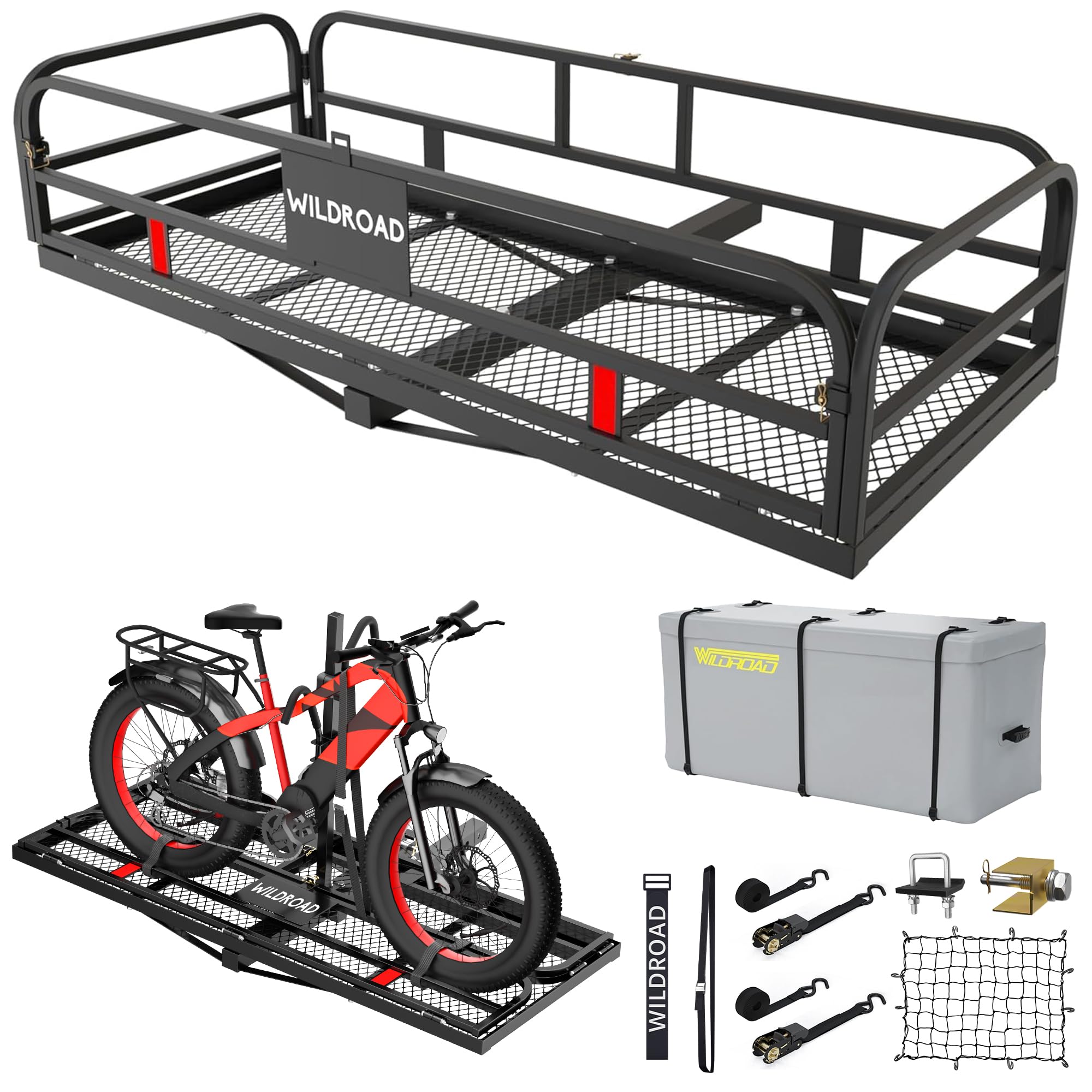 Wildroad 60"x24"x14" Hitch Cargo Carrier, Fits 2" Receiver - Bike Rack Set | 500-lb Load Capacity, Heavy-Duty Steel Construction, 14" High Side Rails, Folding Cargo Basket, for Car SUV Camping Travel