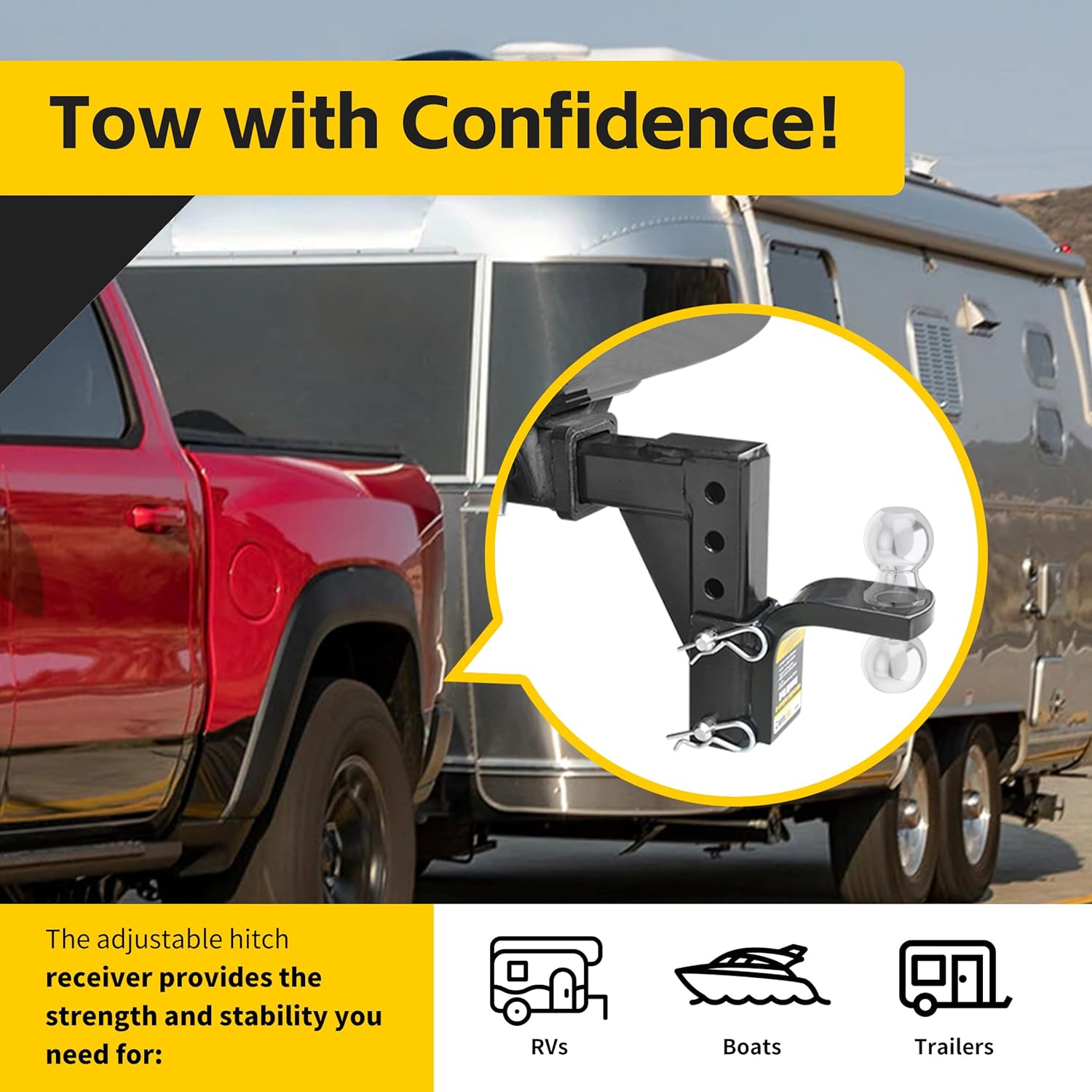 MaxxHaul Adjustable Ball Mount, 5,000 lb Towing Capacity with 8‑Position Height Adjustment, Fits 2" Receivers, Heavy‑Duty Steel Tow Hitch with Dual‑Pin System (70067)