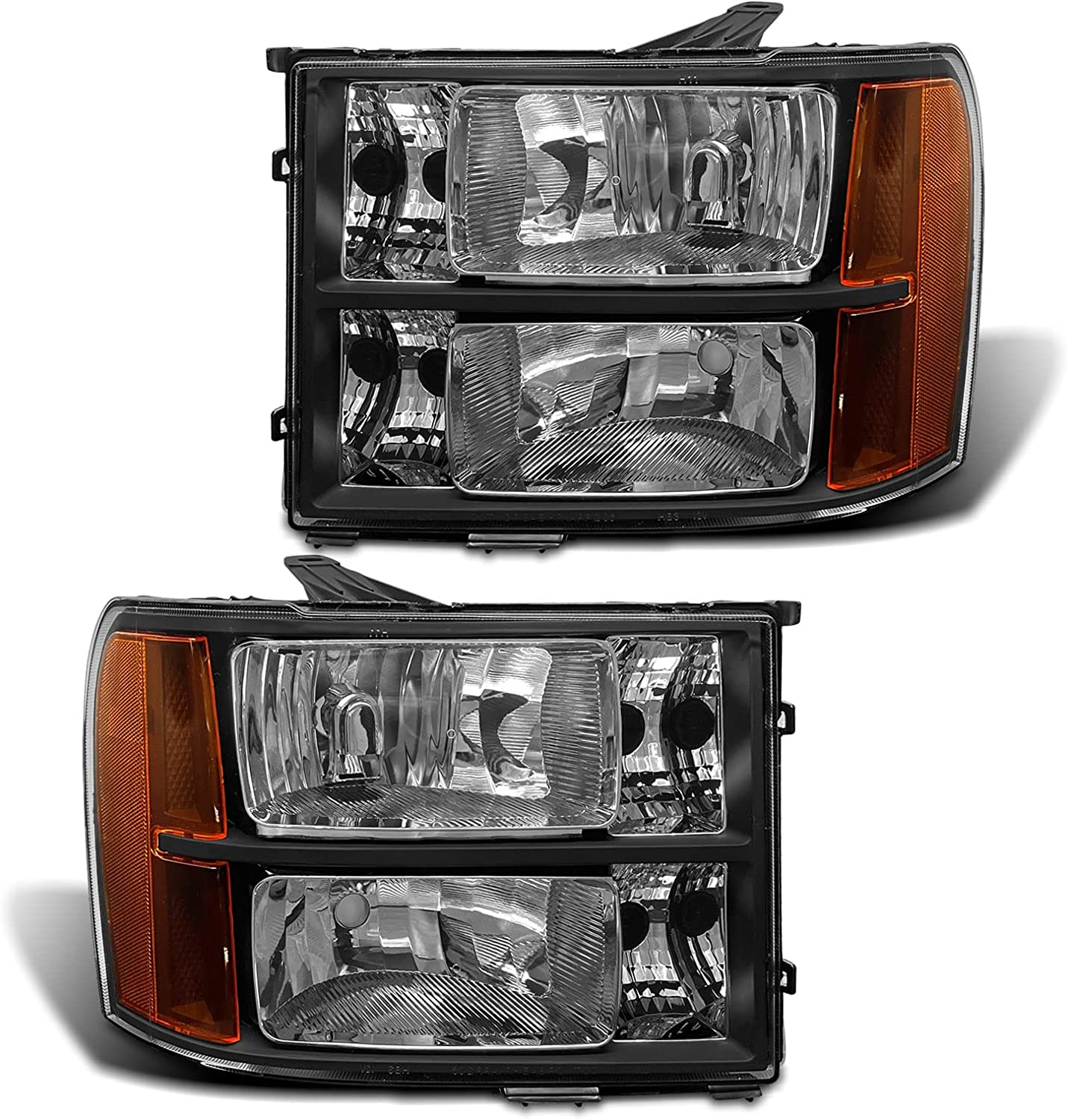 NTXGlow 2007-2014 GMC Sierra headlight assembly with chrome housing and amber reflector, left and right replacement headlights.