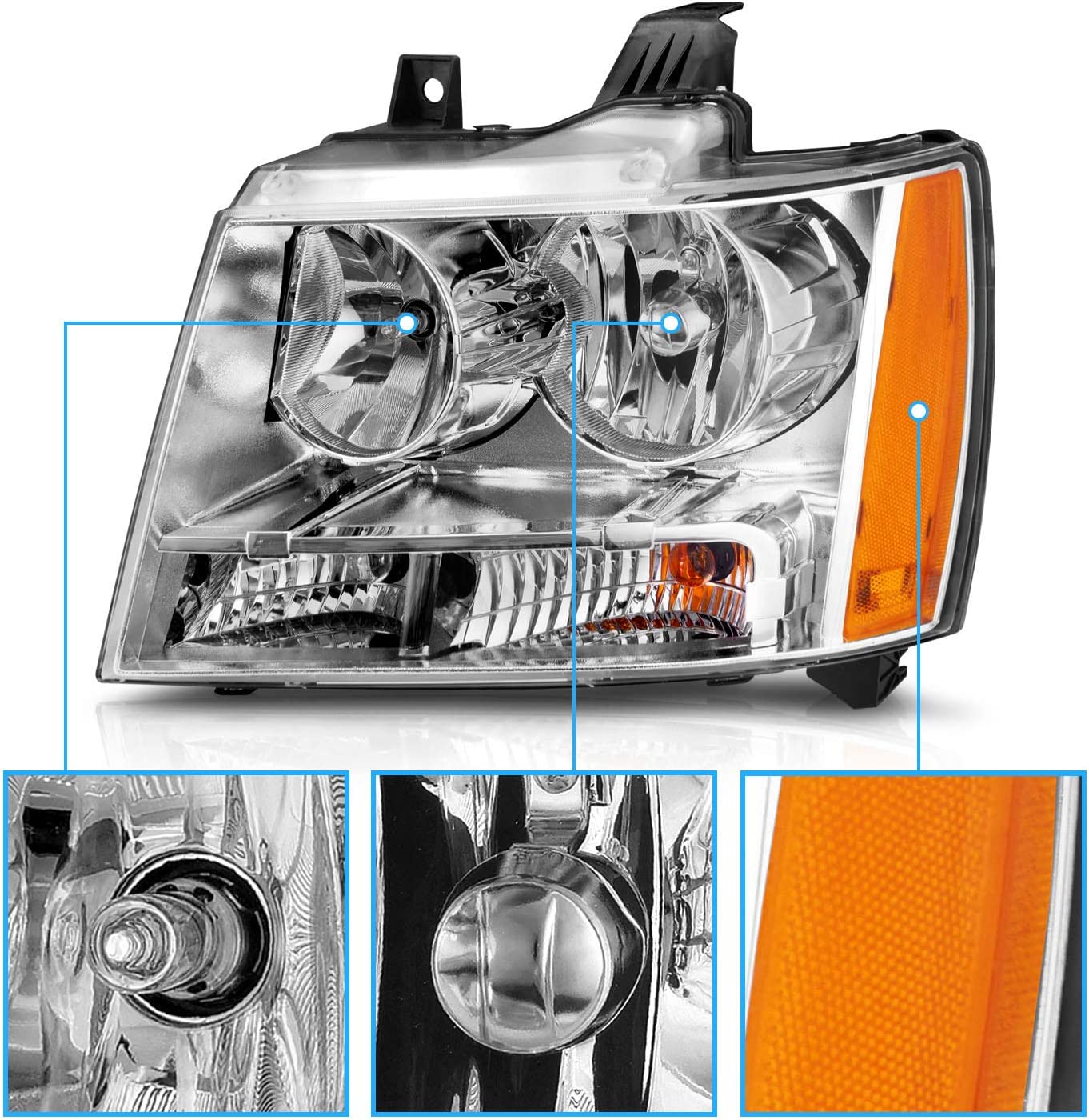 Pair of NTXGlow Amerilite factory-style replacement headlights with chrome housing for Chevy Tahoe, Suburban, and Avalanche, driver and passenger side
