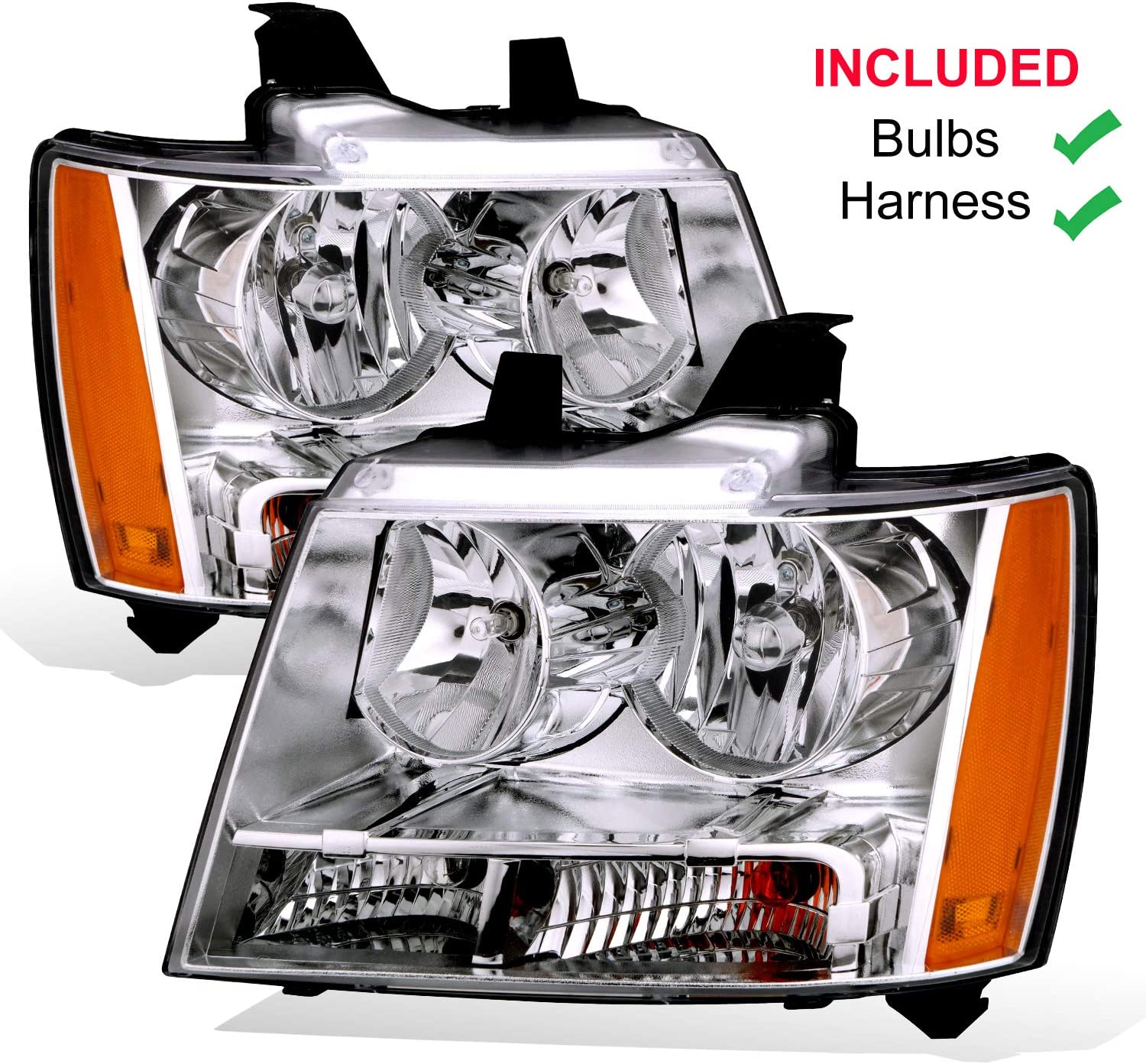 NTXGlow Amerilite factory style replacement headlights for Chevy Tahoe Suburban Avalanche with chrome housing, driver and passenger side pair