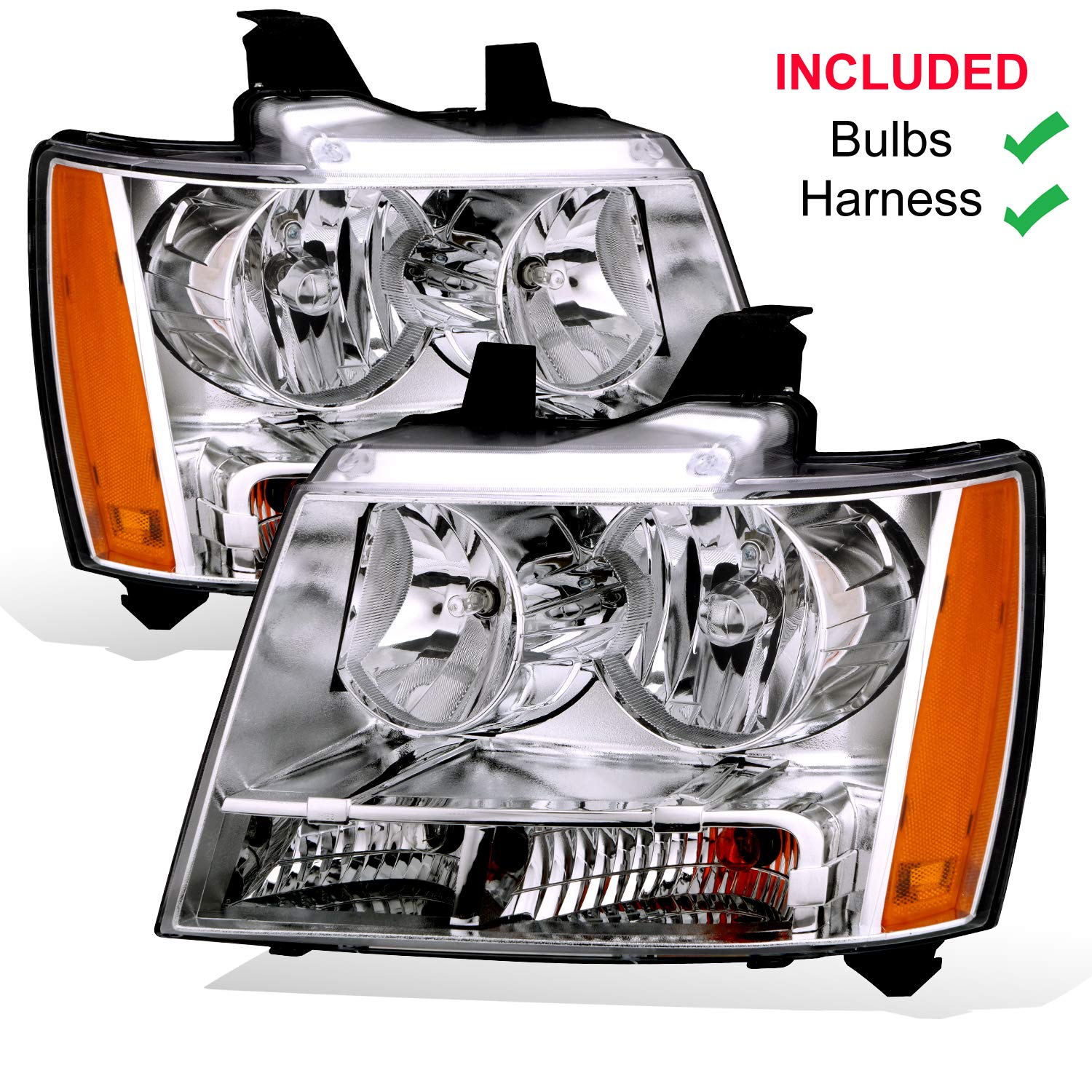 Pair of NTXGlow Amerilite factory style replacement headlights for Chevy Tahoe Suburban Avalanche with chrome housing, driver and passenger sides.