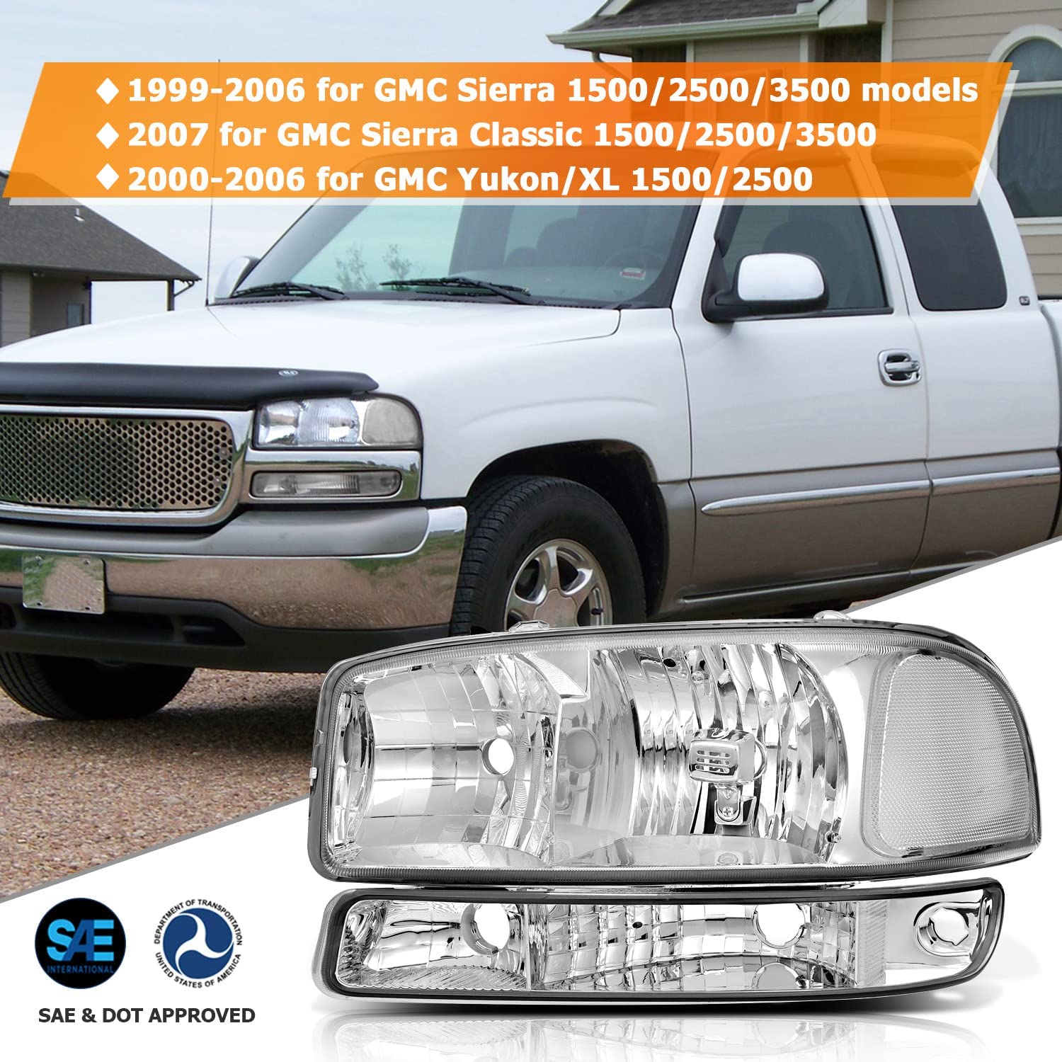 NTXGlow headlight assembly for GMC Sierra 1500, 2500 1999-2007, chrome housing, clear lens, driver and passenger side.
